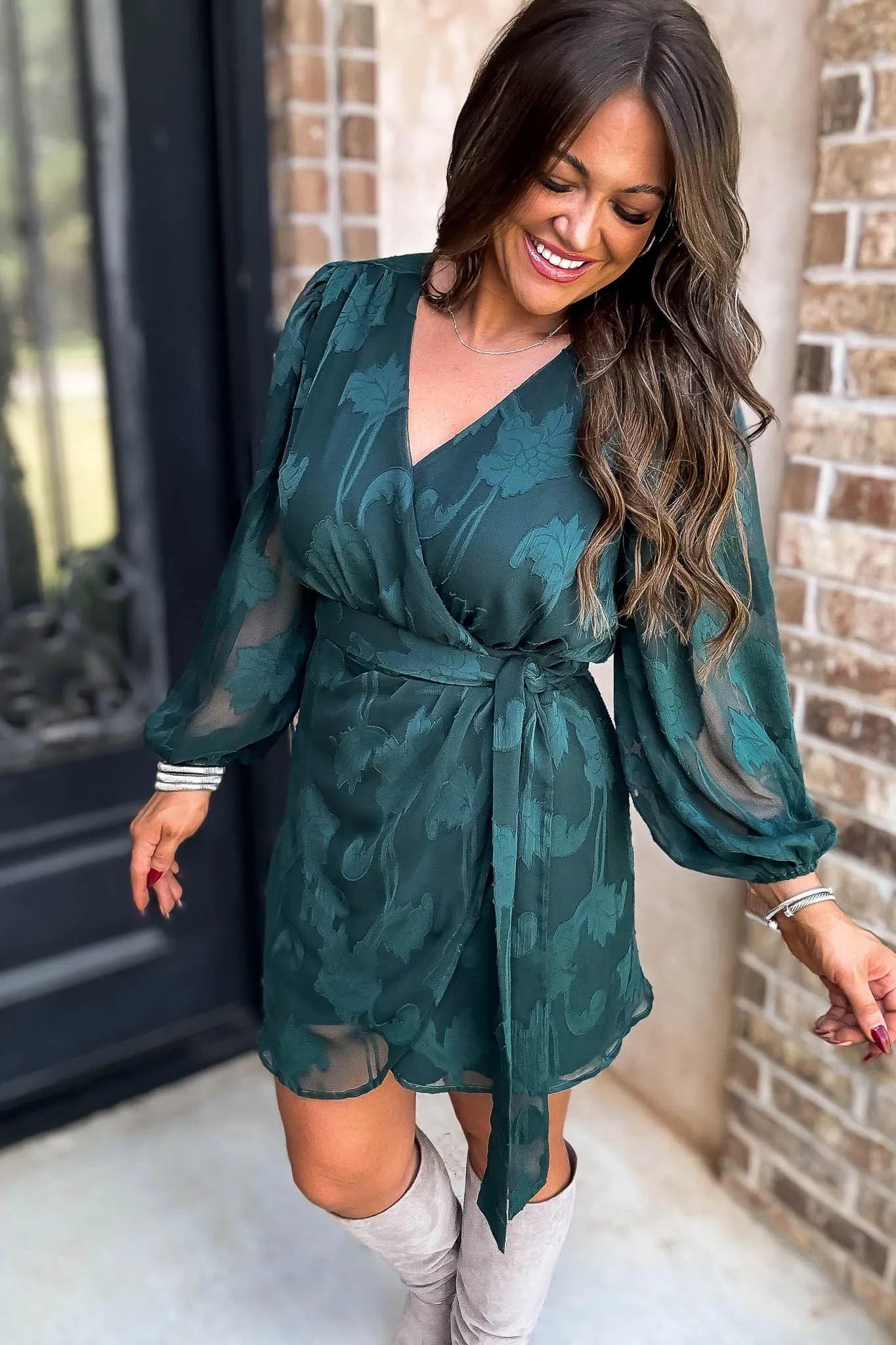 Hunter Green 3/4 Balloon Sleeve Wrap Dress