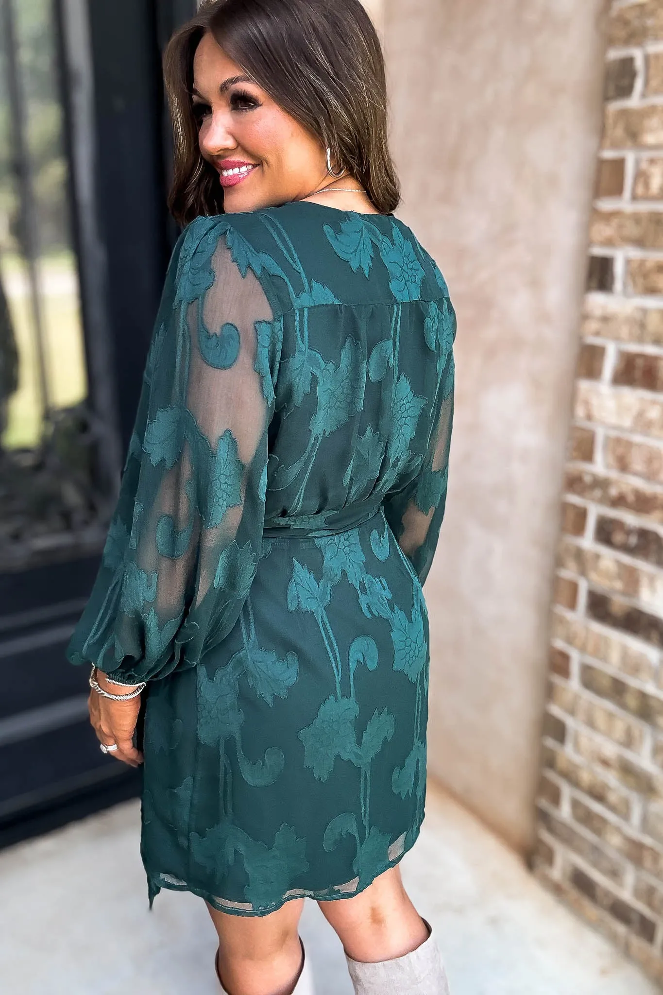 Hunter Green 3/4 Balloon Sleeve Wrap Dress