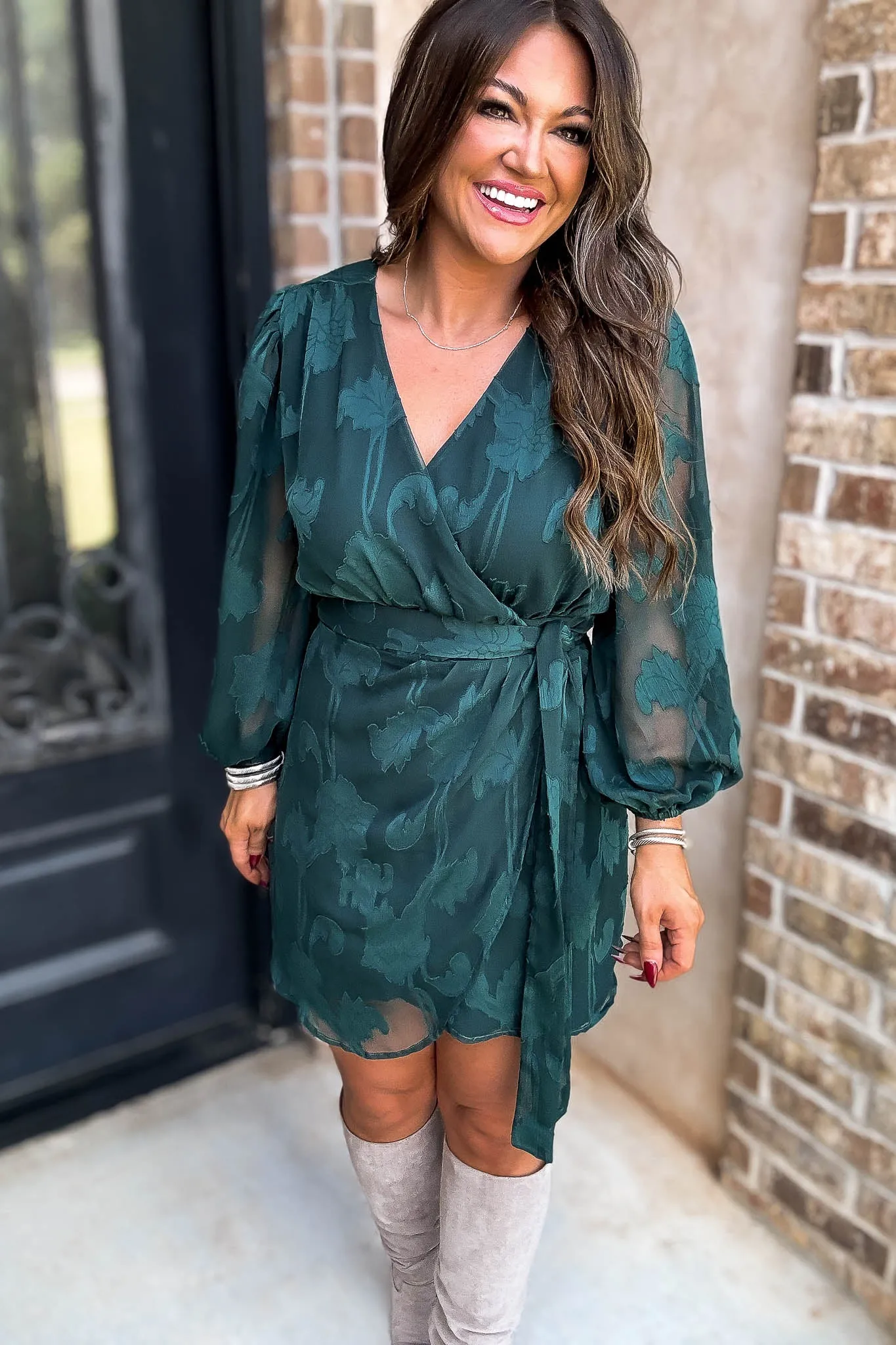 Hunter Green 3/4 Balloon Sleeve Wrap Dress