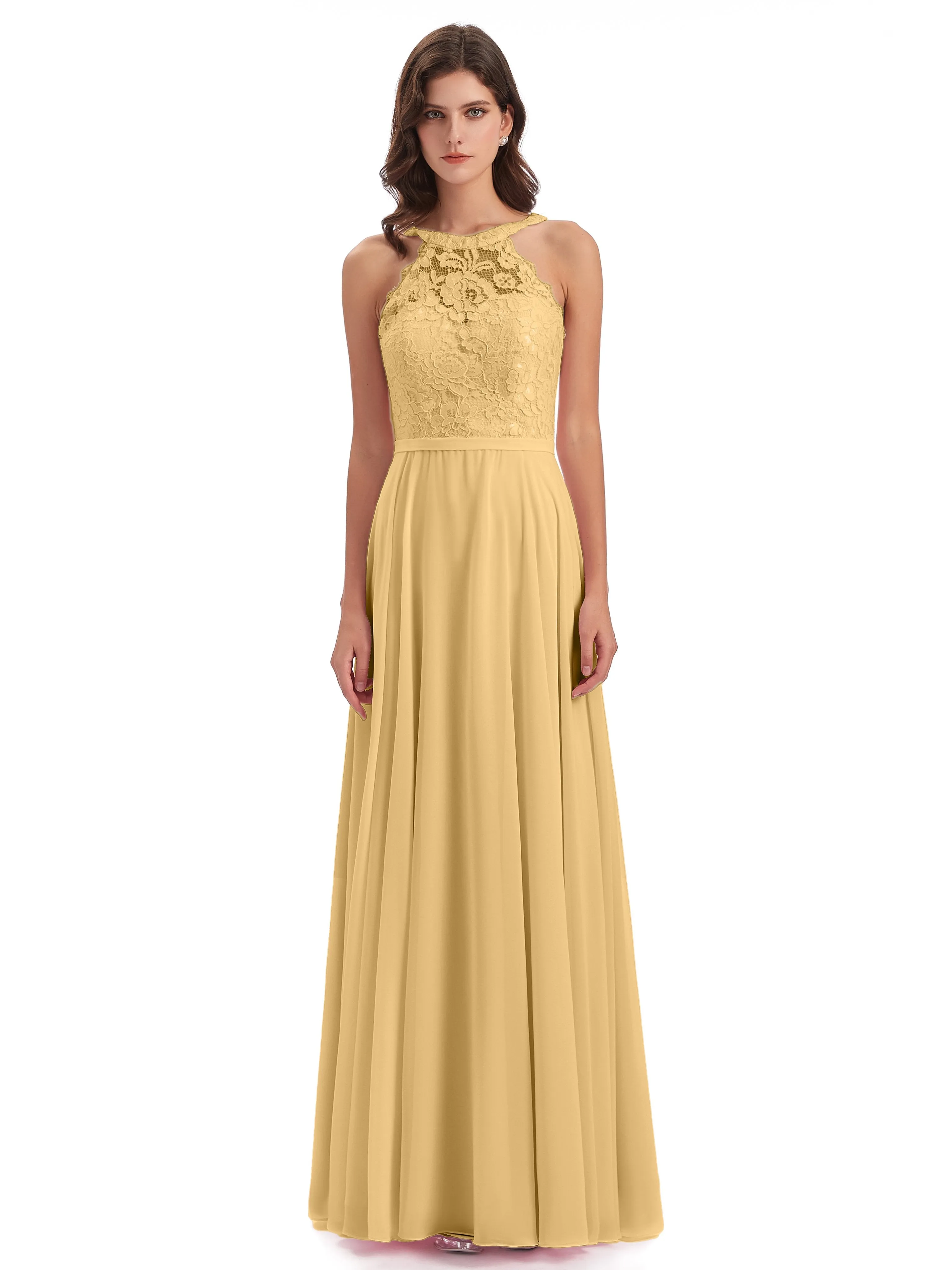 Isabella Charming Chiffon/Lace A-line Illusion Long Bridesmaid Dresses