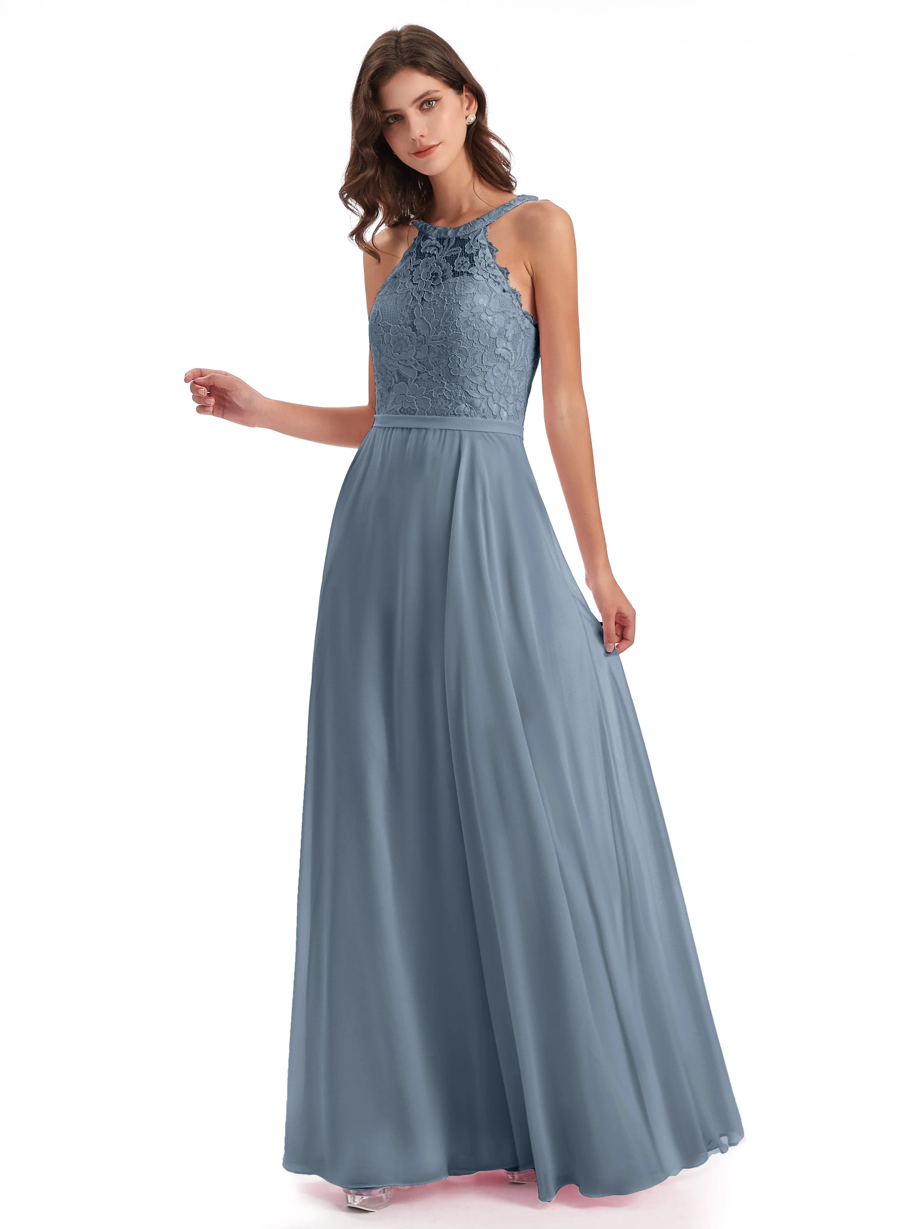 Isabella Charming Chiffon/Lace A-line Illusion Long Bridesmaid Dresses