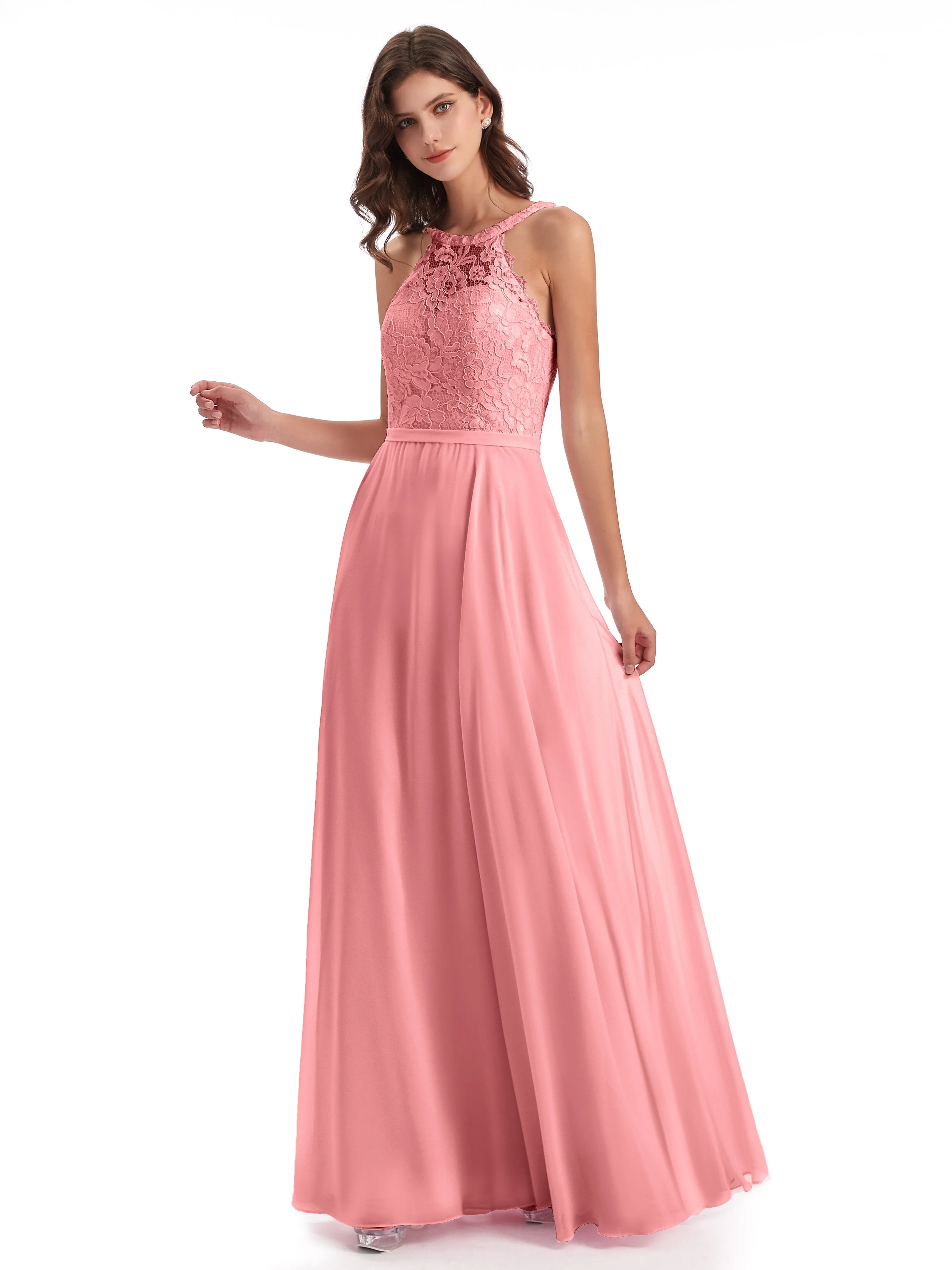 Isabella Charming Chiffon/Lace A-line Illusion Long Bridesmaid Dresses