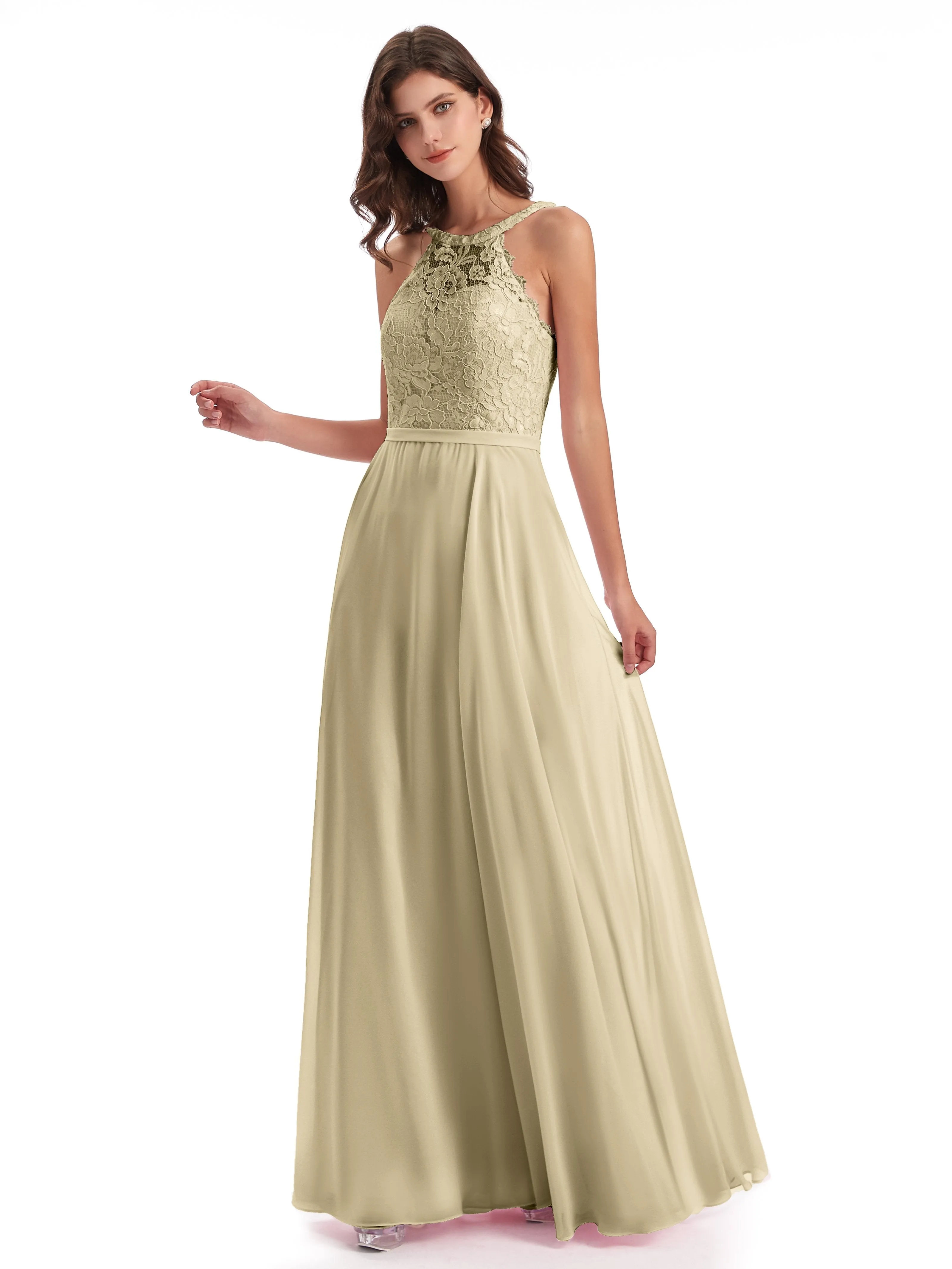 Isabella Charming Chiffon/Lace A-line Illusion Long Bridesmaid Dresses