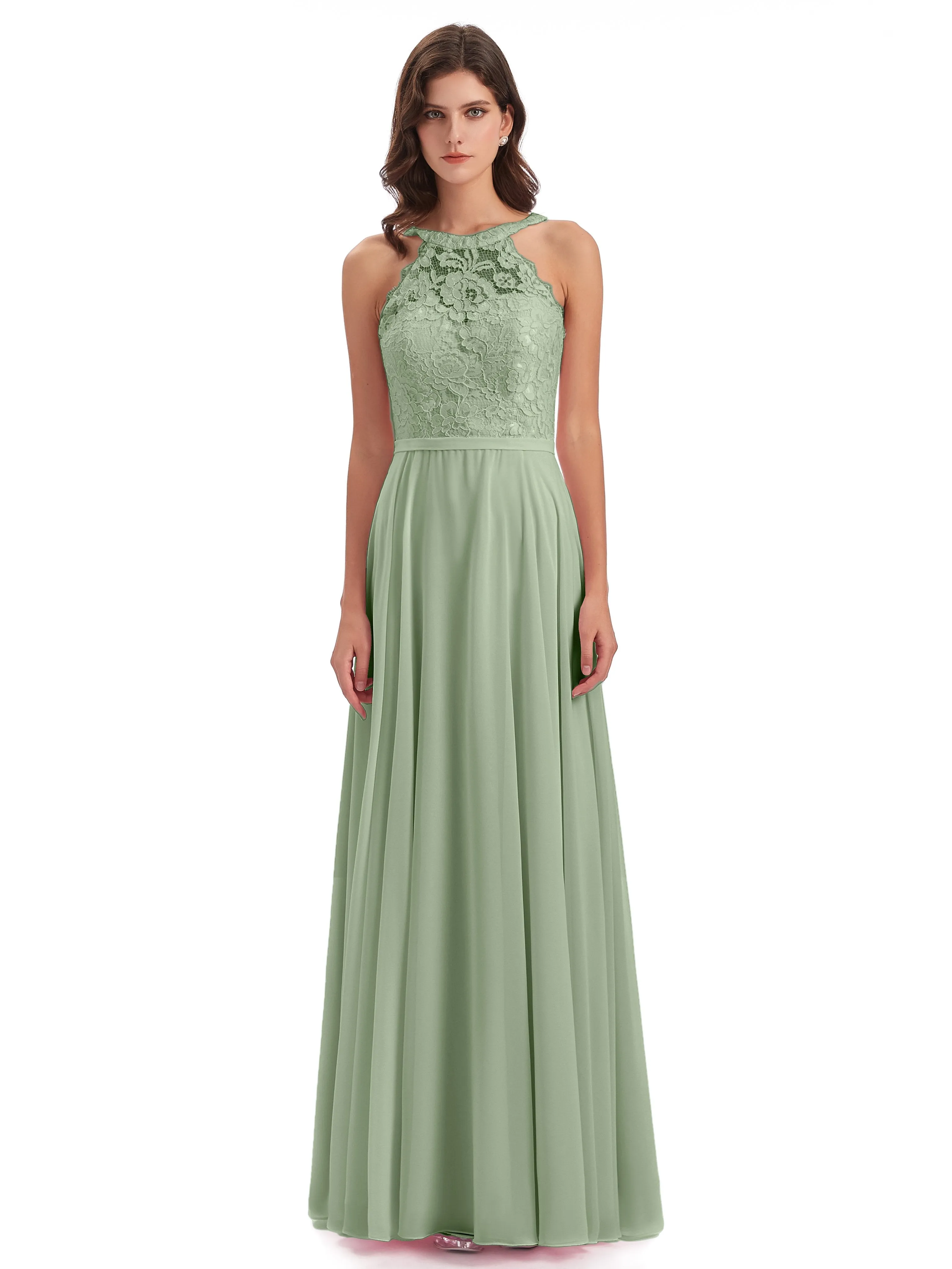 Isabella Charming Chiffon/Lace A-line Illusion Long Bridesmaid Dresses