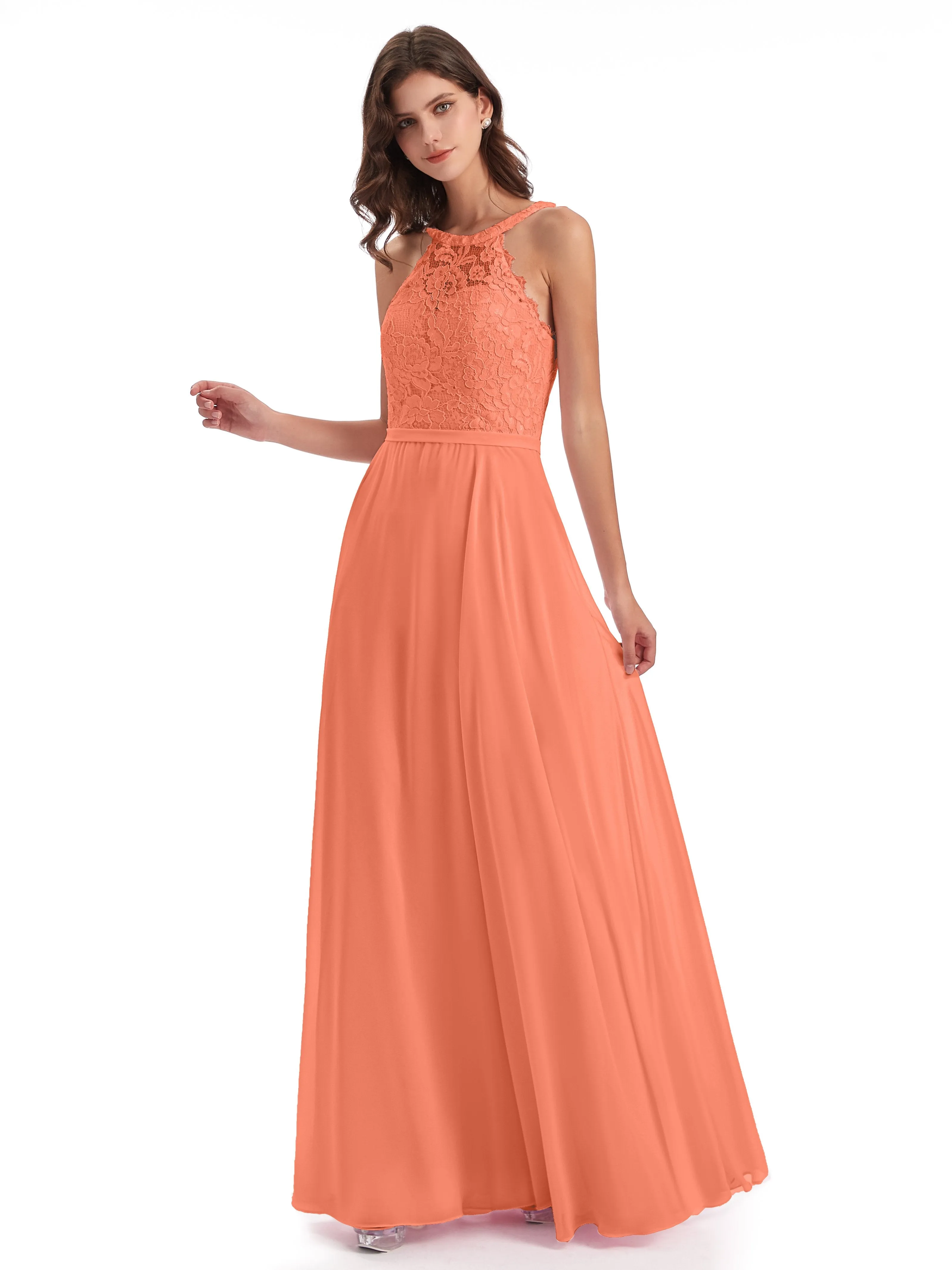 Isabella Charming Chiffon/Lace A-line Illusion Long Bridesmaid Dresses