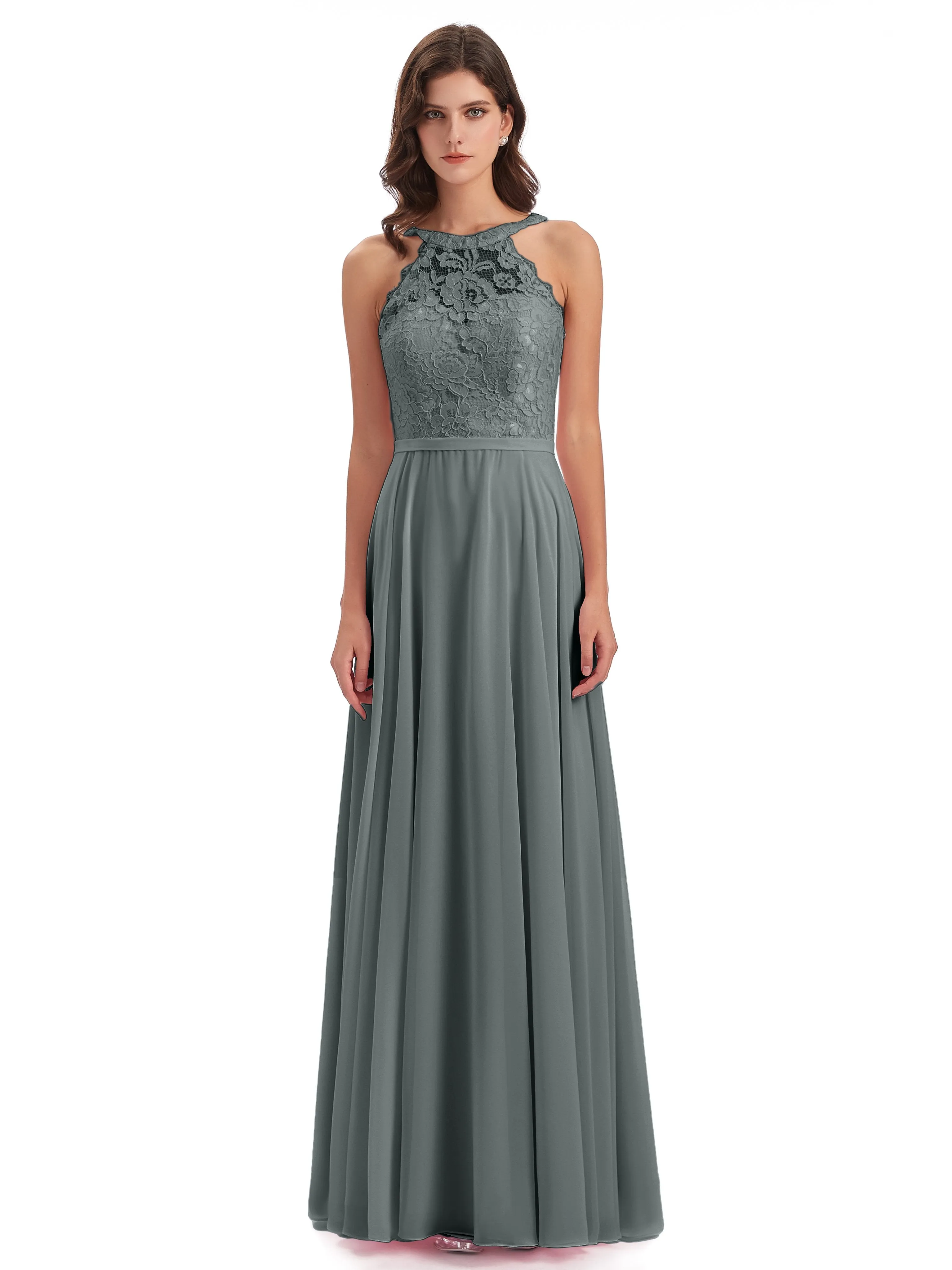 Isabella Charming Chiffon/Lace A-line Illusion Long Bridesmaid Dresses