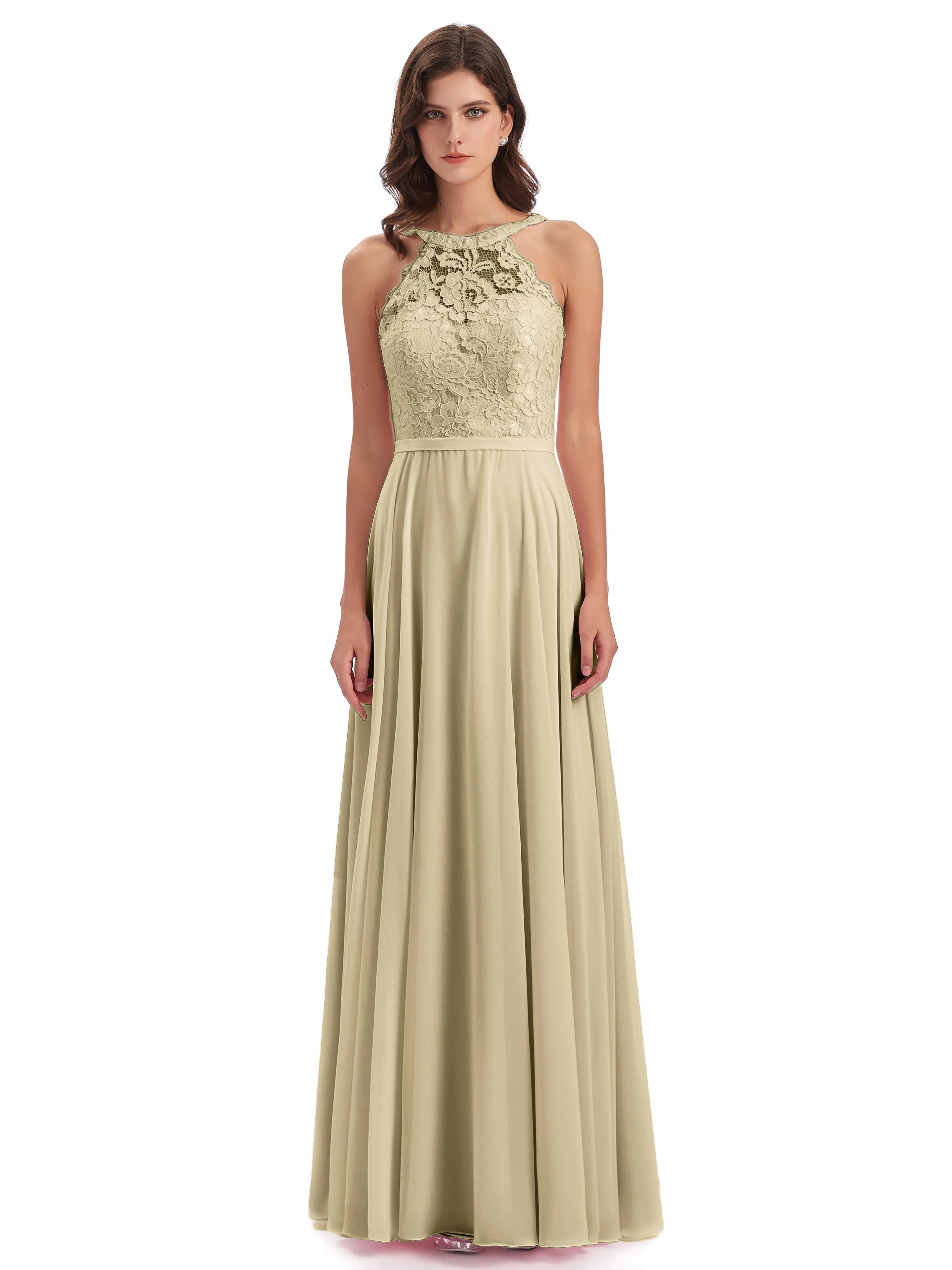 Isabella Charming Chiffon/Lace A-line Illusion Long Bridesmaid Dresses