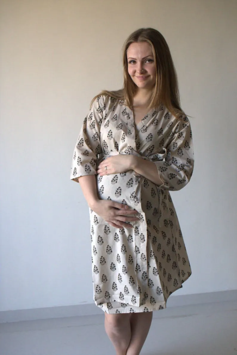 Ivory Leafy Motif Hand Block Organic Cotton Maternity Robe