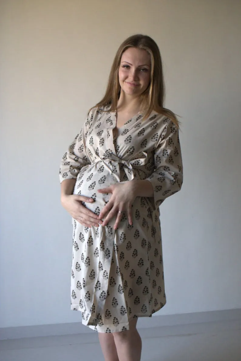 Ivory Leafy Motif Hand Block Organic Cotton Maternity Robe