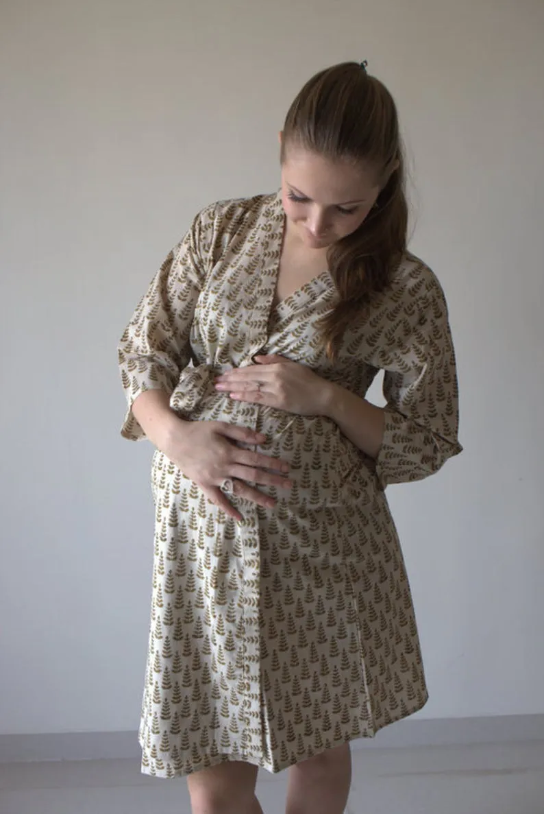 Ivory Tiny Tree Motif Hand Block Organic Cotton Maternity Robe