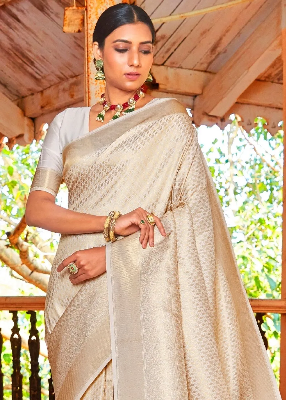 Ivory White Woven Kanjivaram Saree:Limited Edition