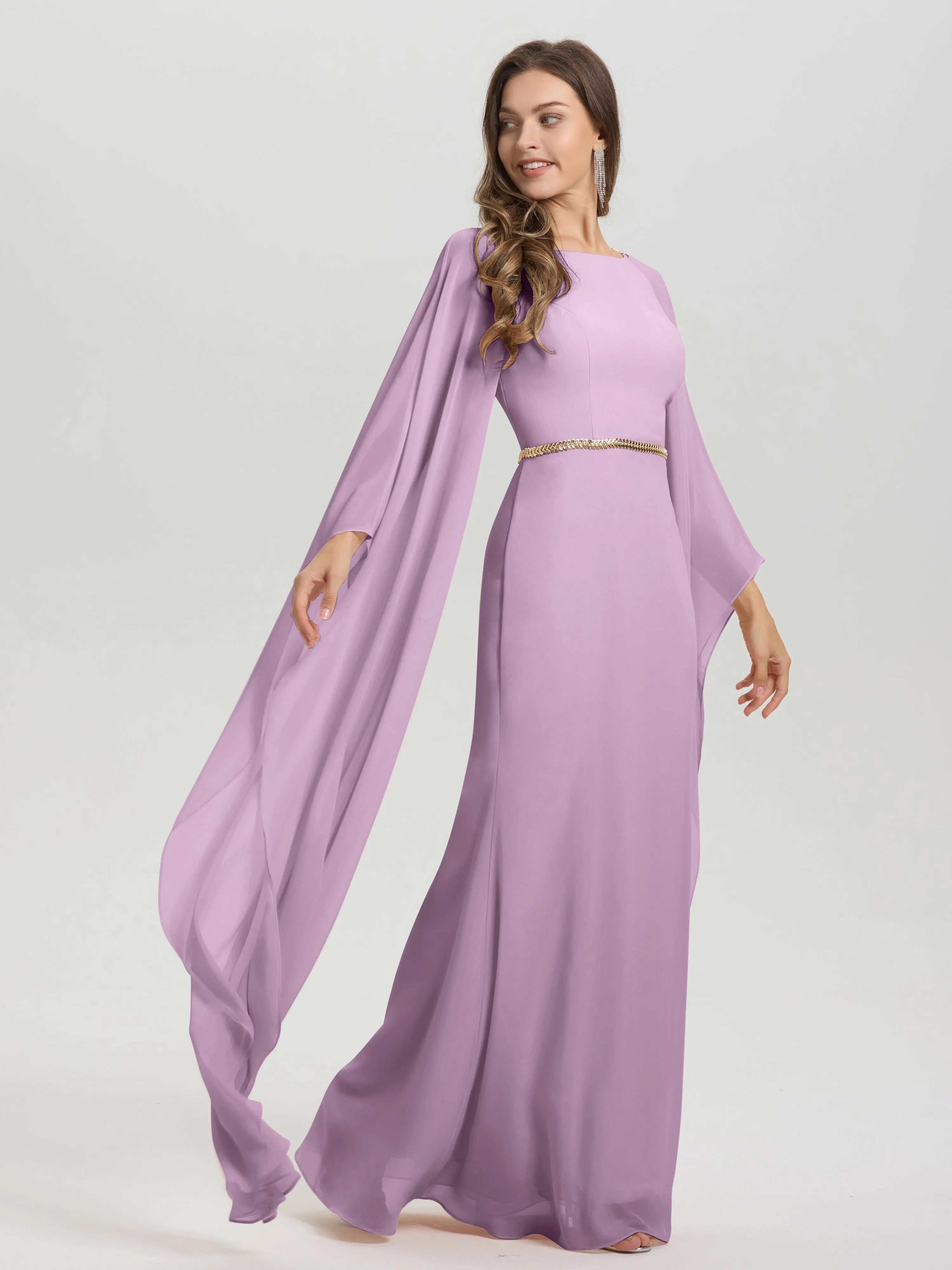 Jewel Floor Length Long Sleeves Chiffon Bridesmaid Dresses With Belt