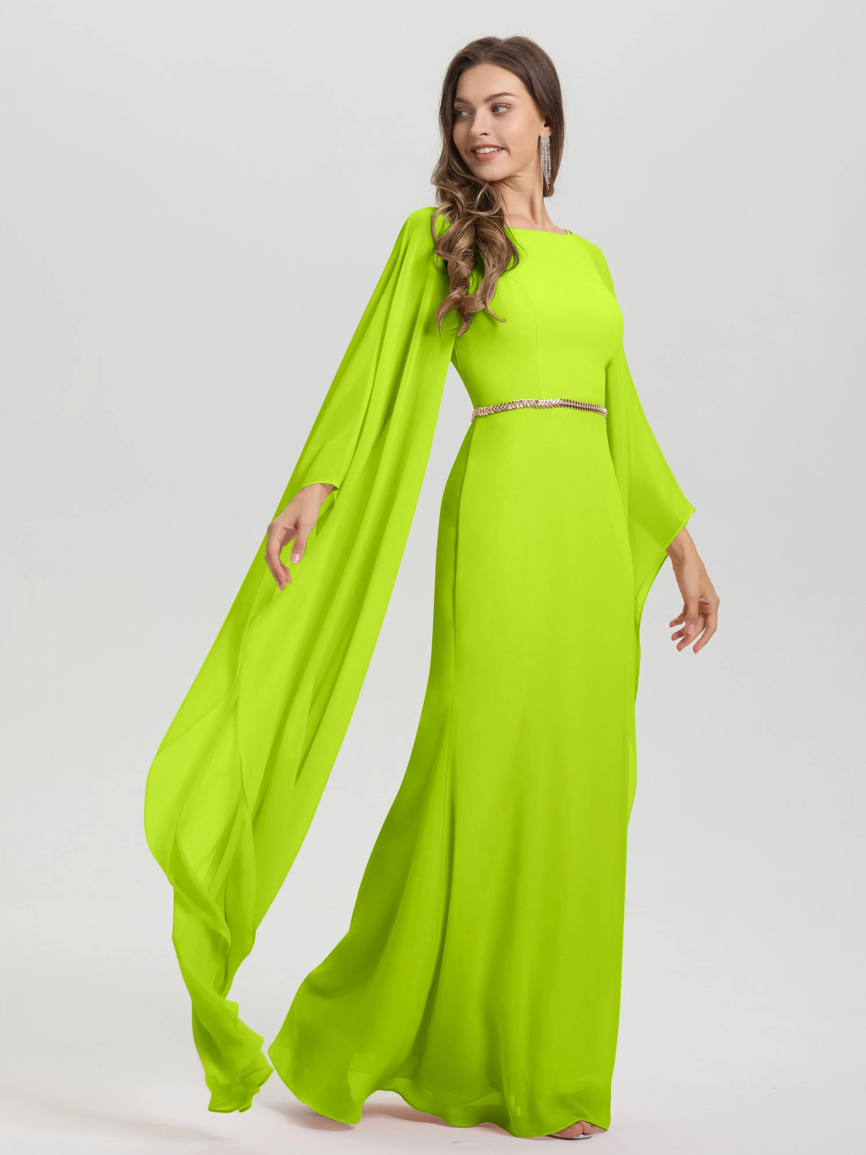 Jewel Floor Length Long Sleeves Chiffon Bridesmaid Dresses With Belt