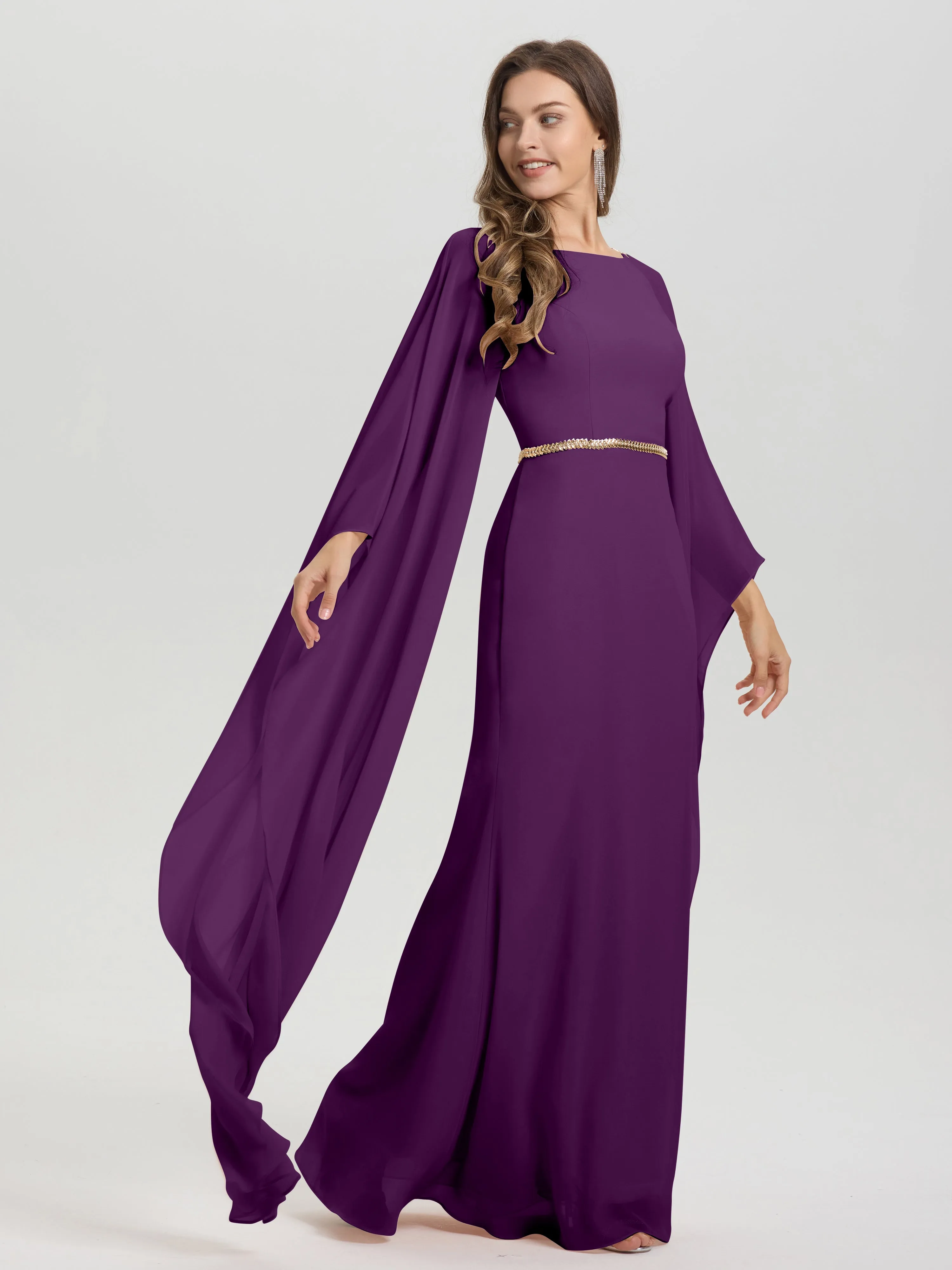 Jewel Floor Length Long Sleeves Chiffon Bridesmaid Dresses With Belt