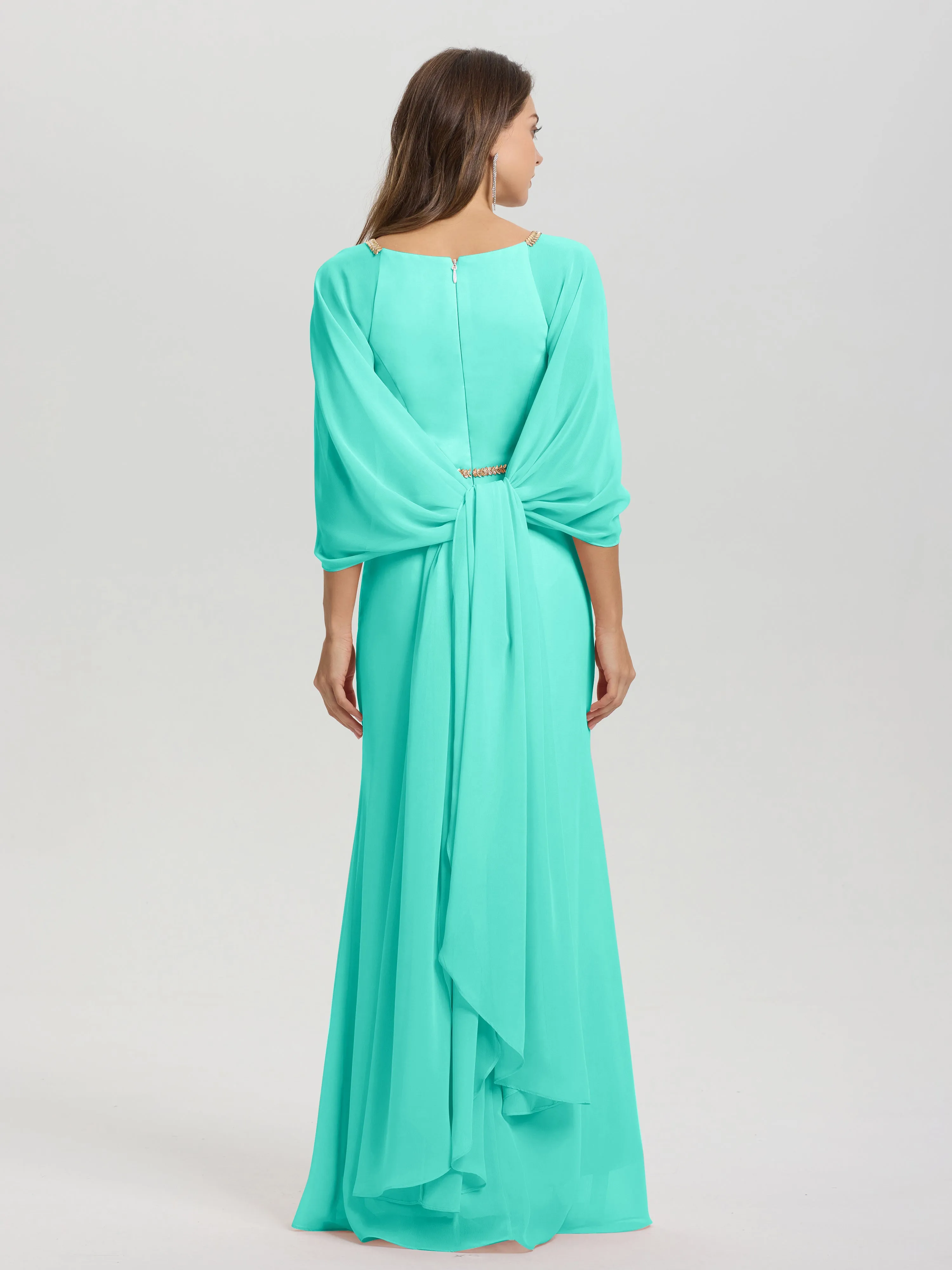 Jewel Floor Length Long Sleeves Chiffon Bridesmaid Dresses With Belt