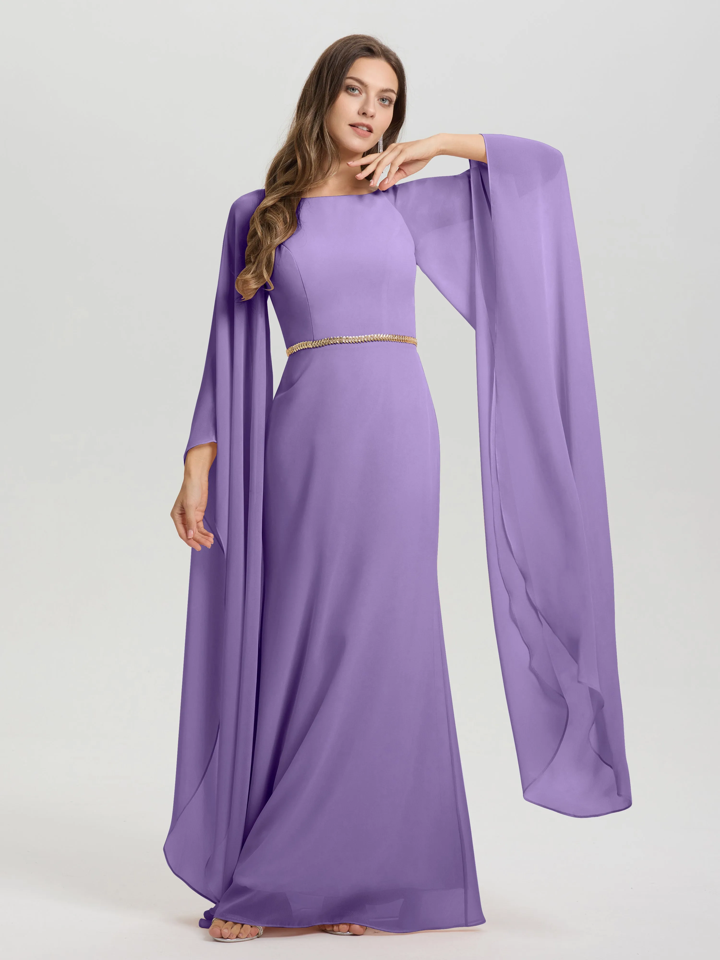 Jewel Floor Length Long Sleeves Chiffon Bridesmaid Dresses With Belt