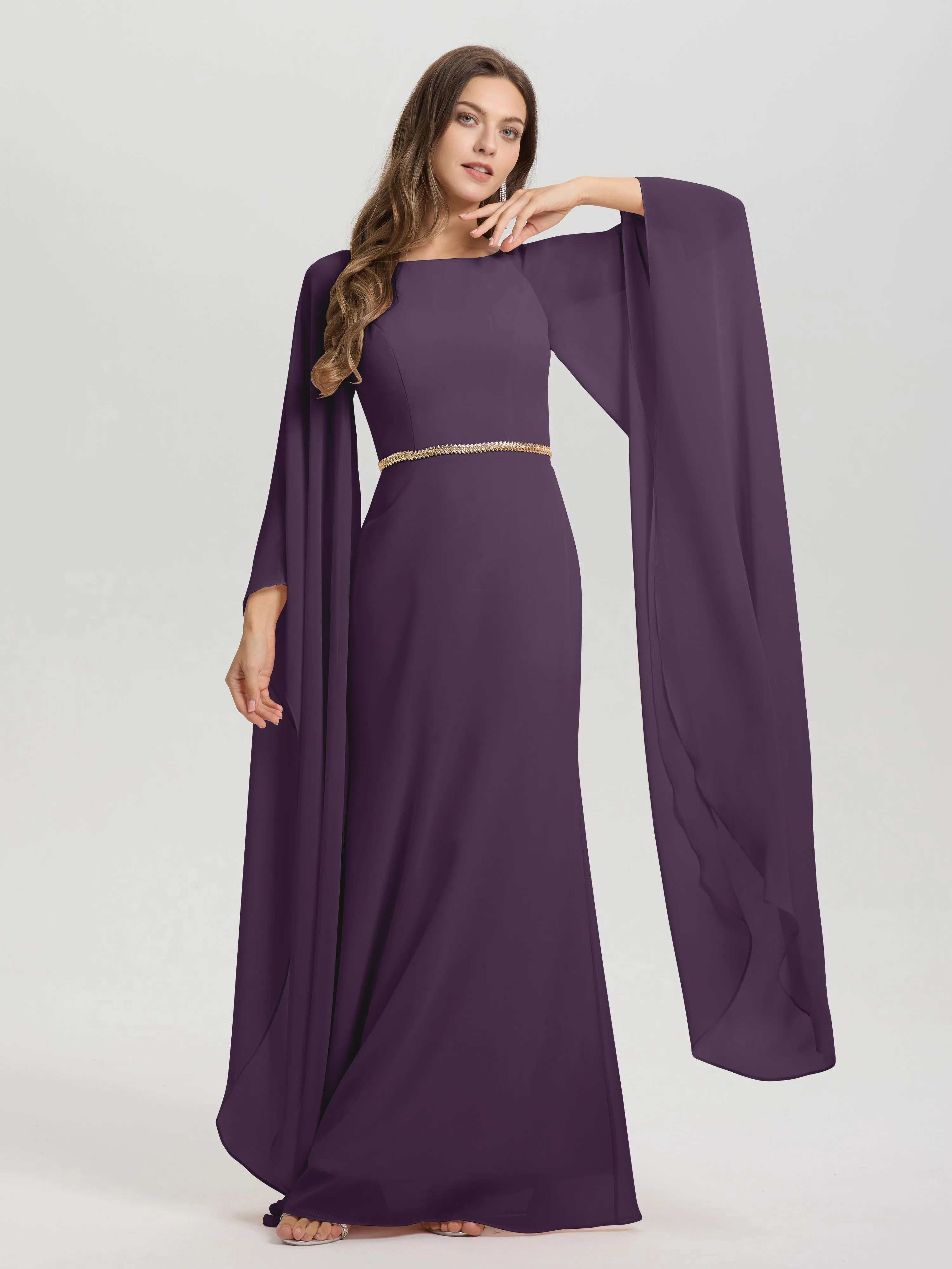 Jewel Floor Length Long Sleeves Chiffon Bridesmaid Dresses With Belt