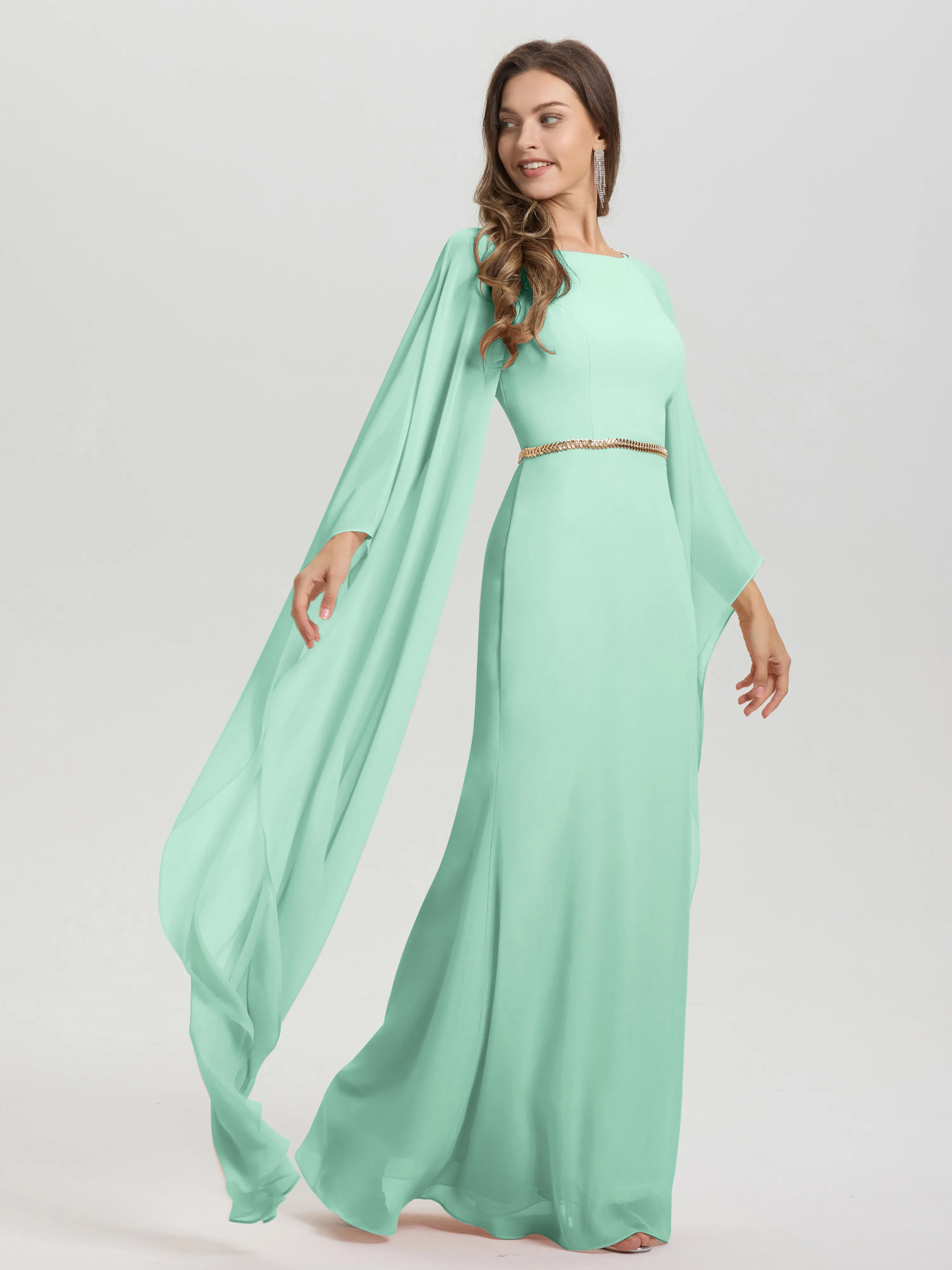 Jewel Floor Length Long Sleeves Chiffon Bridesmaid Dresses With Belt