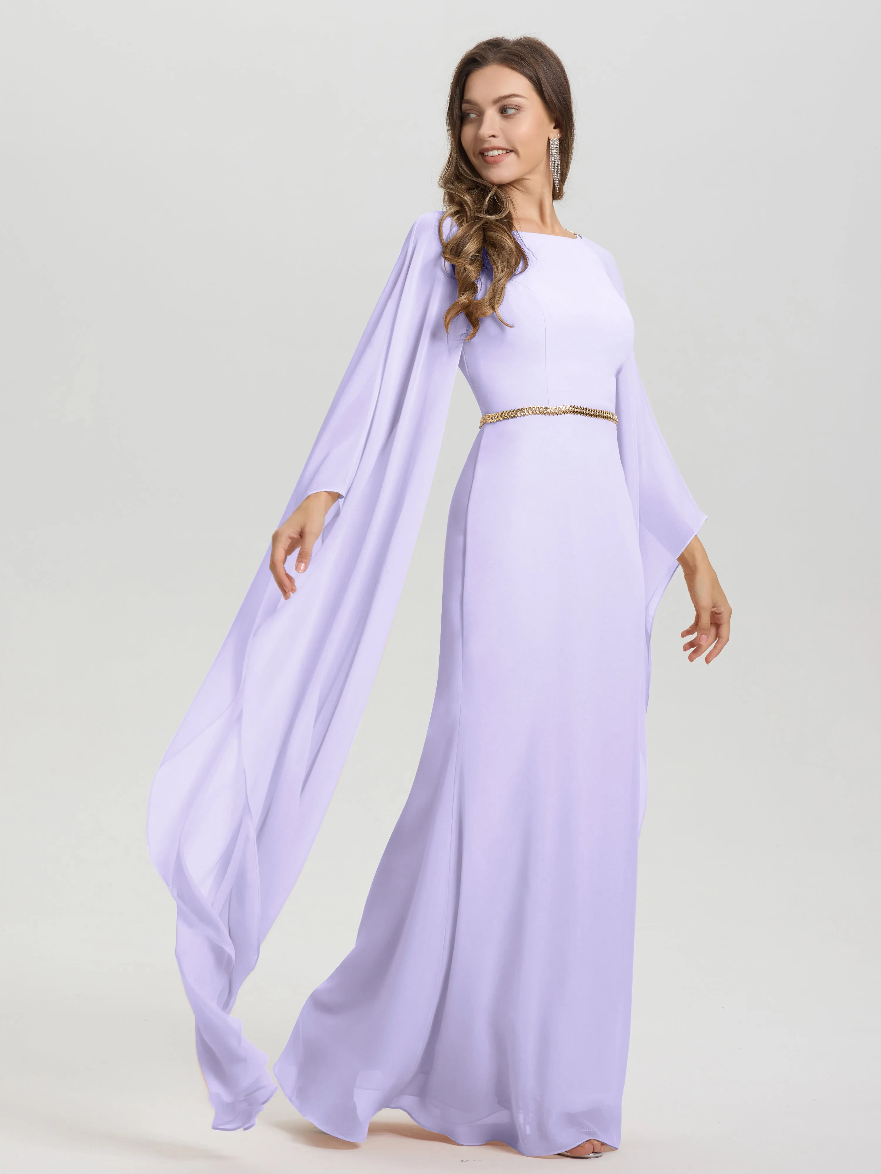 Jewel Floor Length Long Sleeves Chiffon Bridesmaid Dresses With Belt