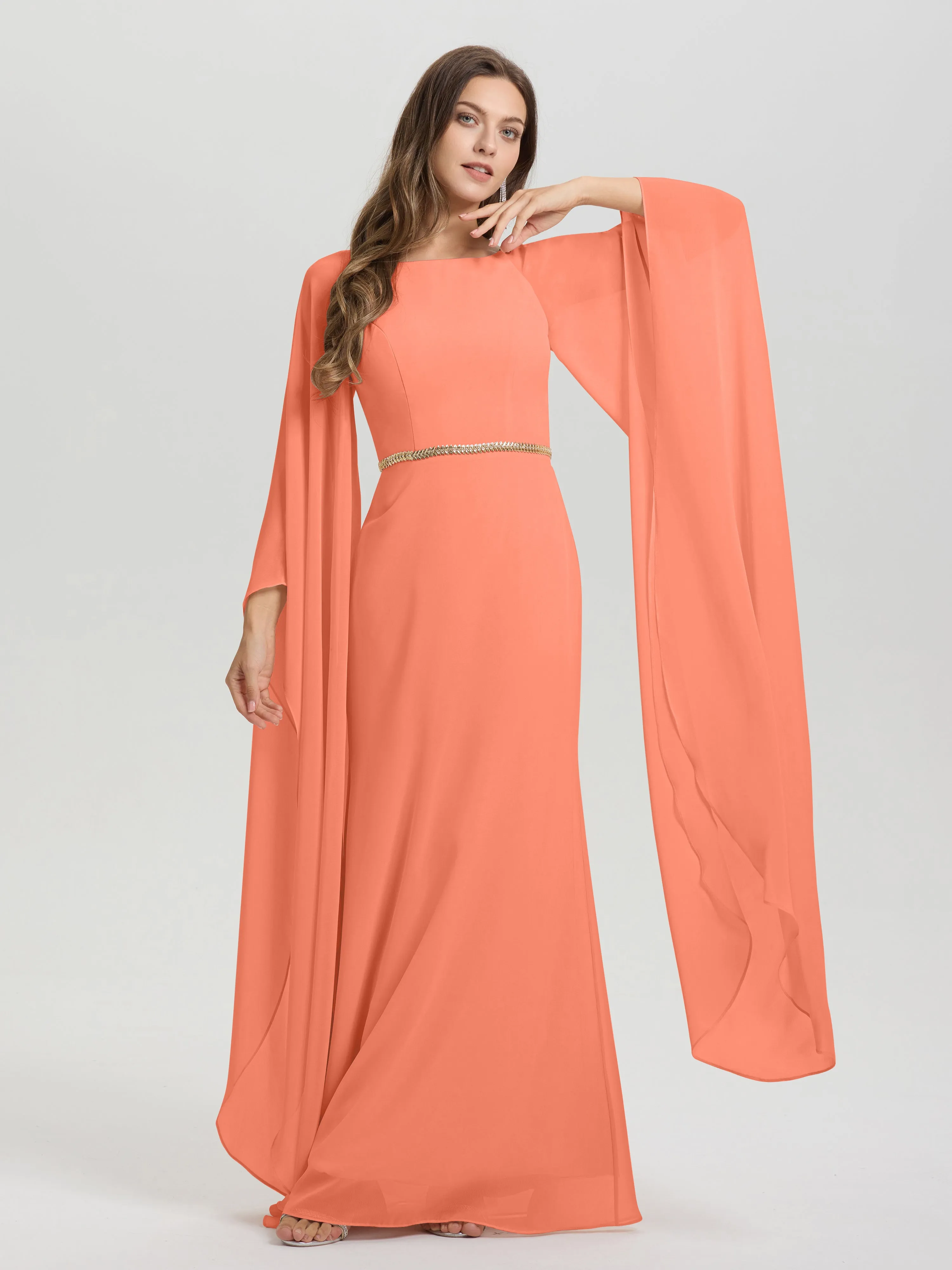 Jewel Floor Length Long Sleeves Chiffon Bridesmaid Dresses With Belt