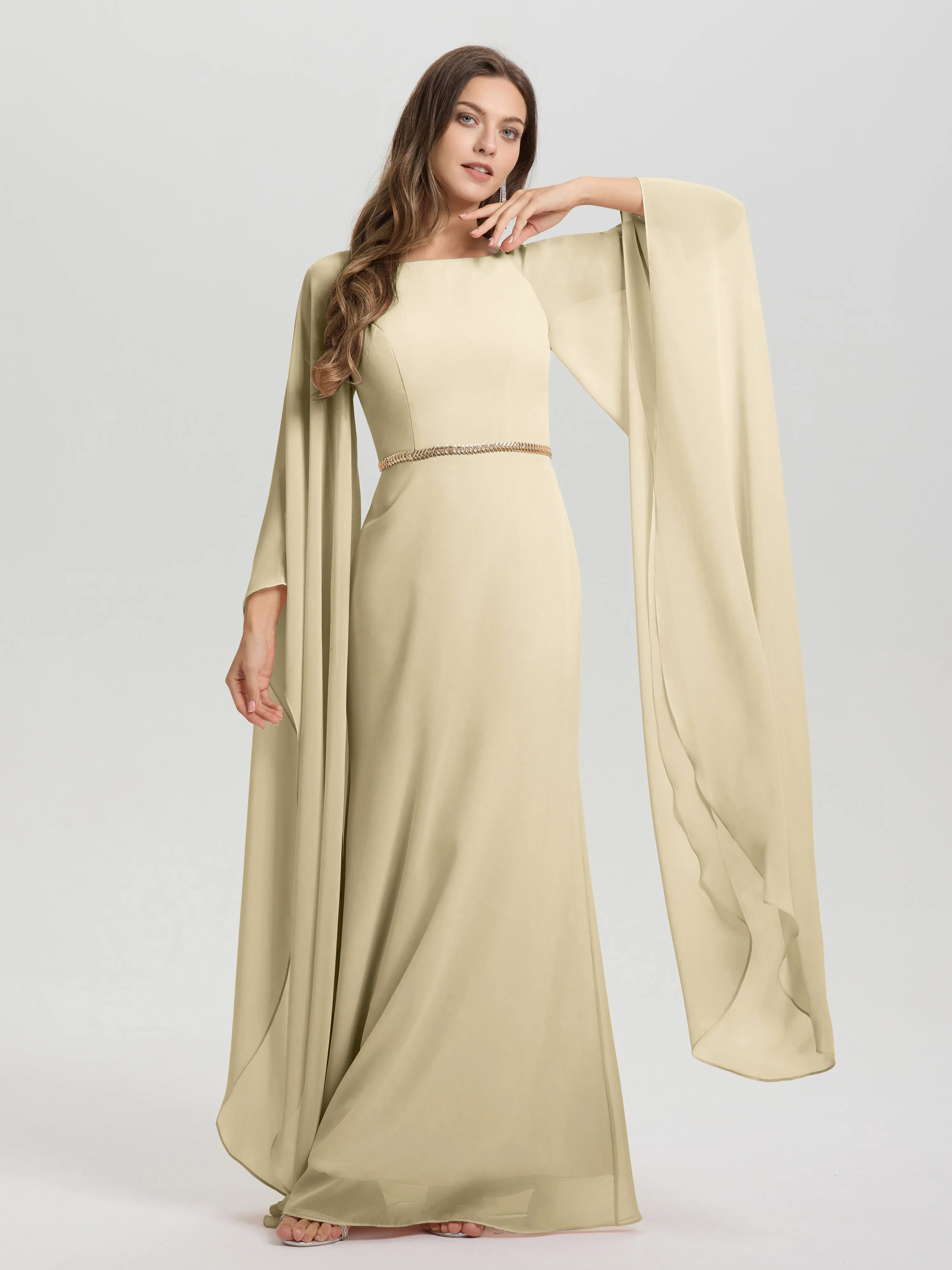 Jewel Floor Length Long Sleeves Chiffon Bridesmaid Dresses With Belt