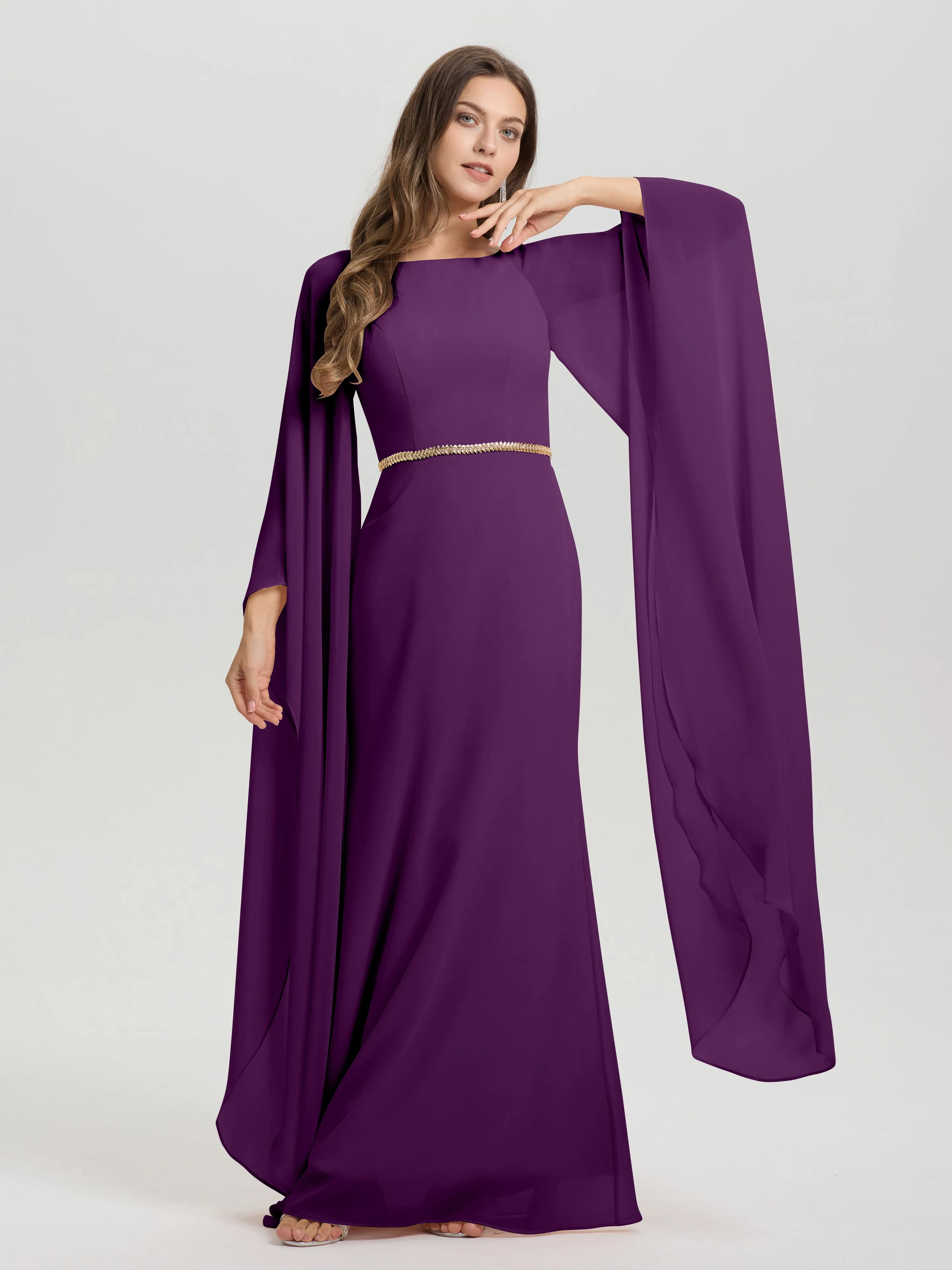 Jewel Floor Length Long Sleeves Chiffon Bridesmaid Dresses With Belt