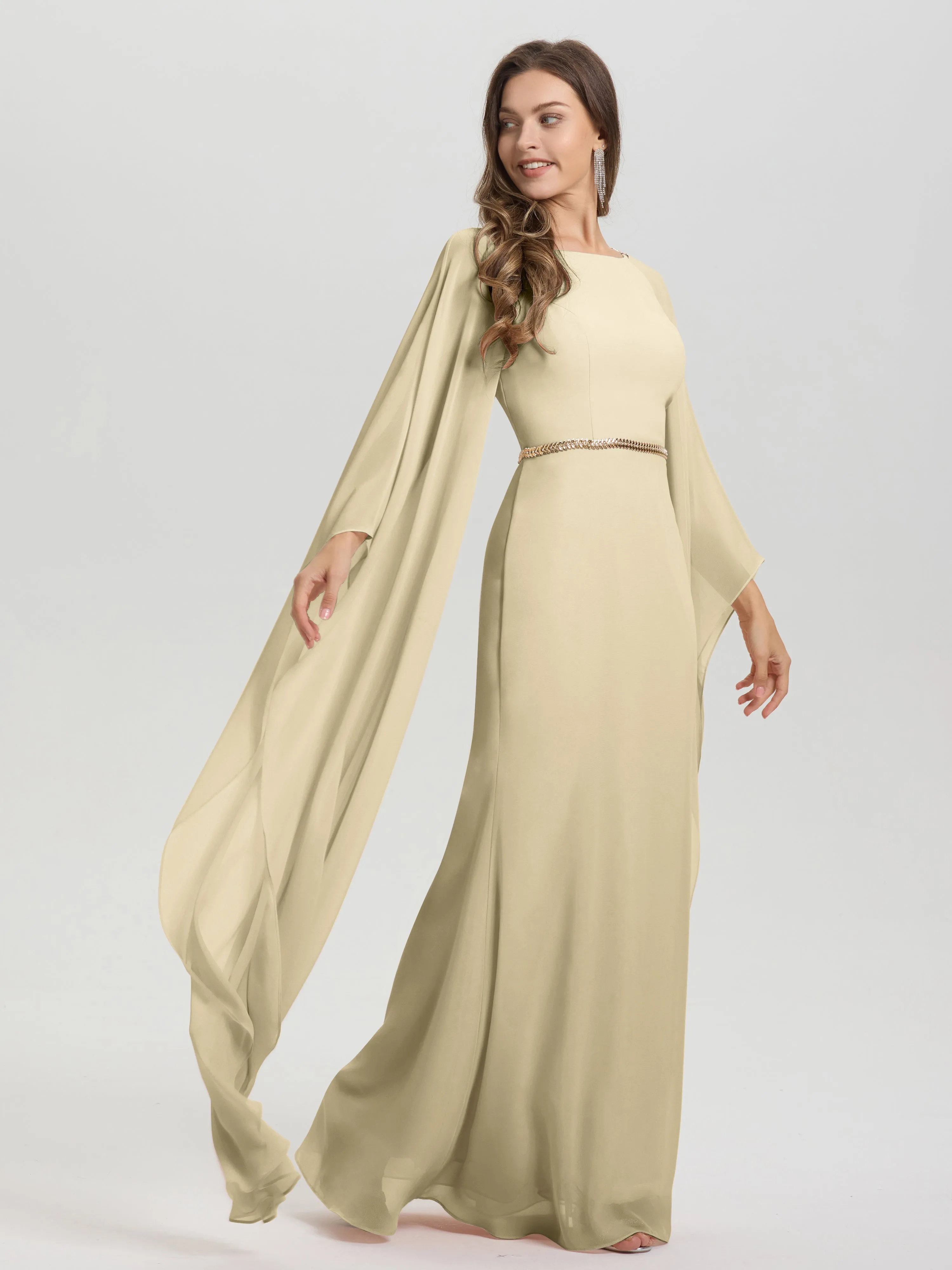 Jewel Floor Length Long Sleeves Chiffon Bridesmaid Dresses With Belt