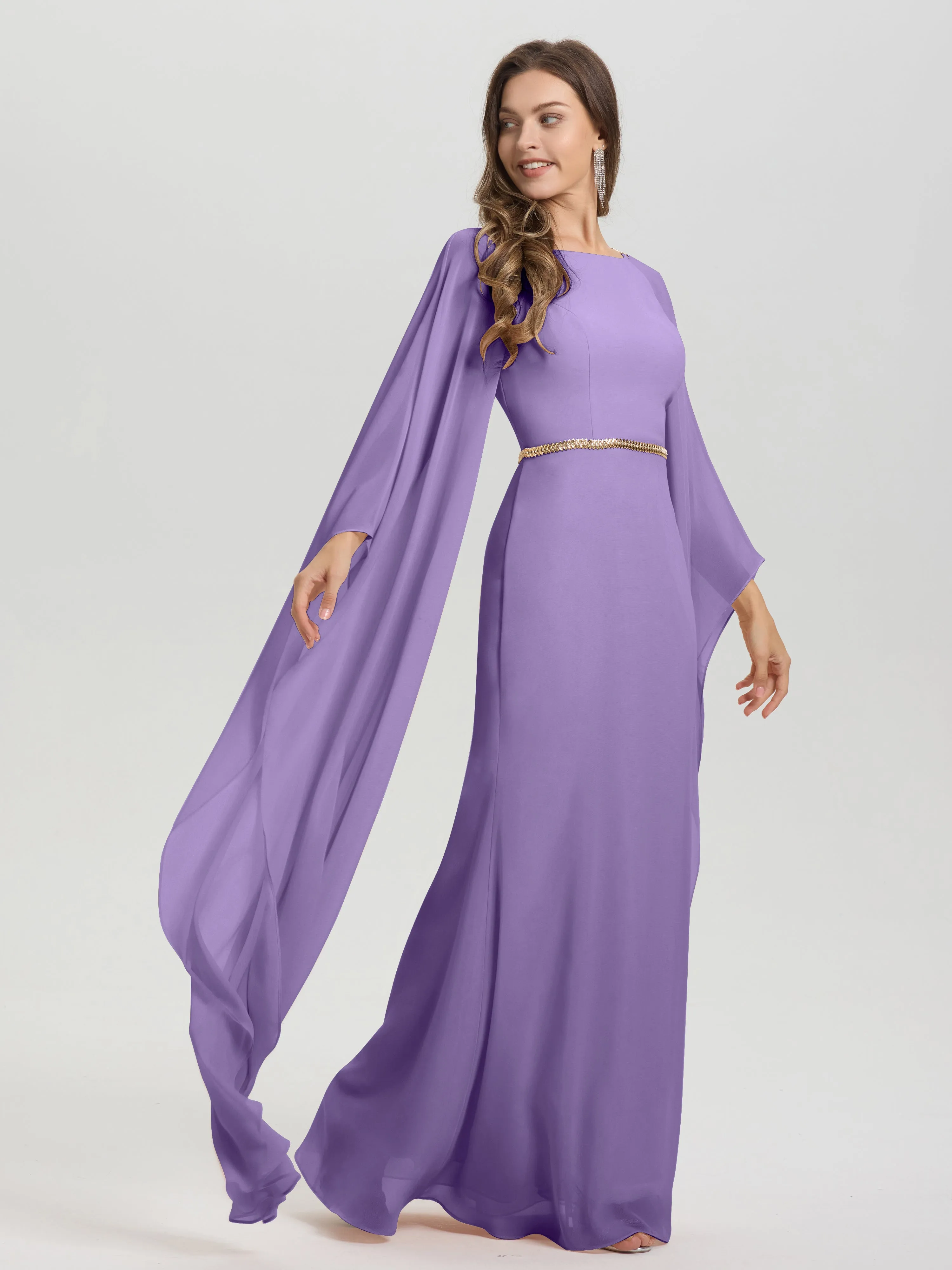 Jewel Floor Length Long Sleeves Chiffon Bridesmaid Dresses With Belt