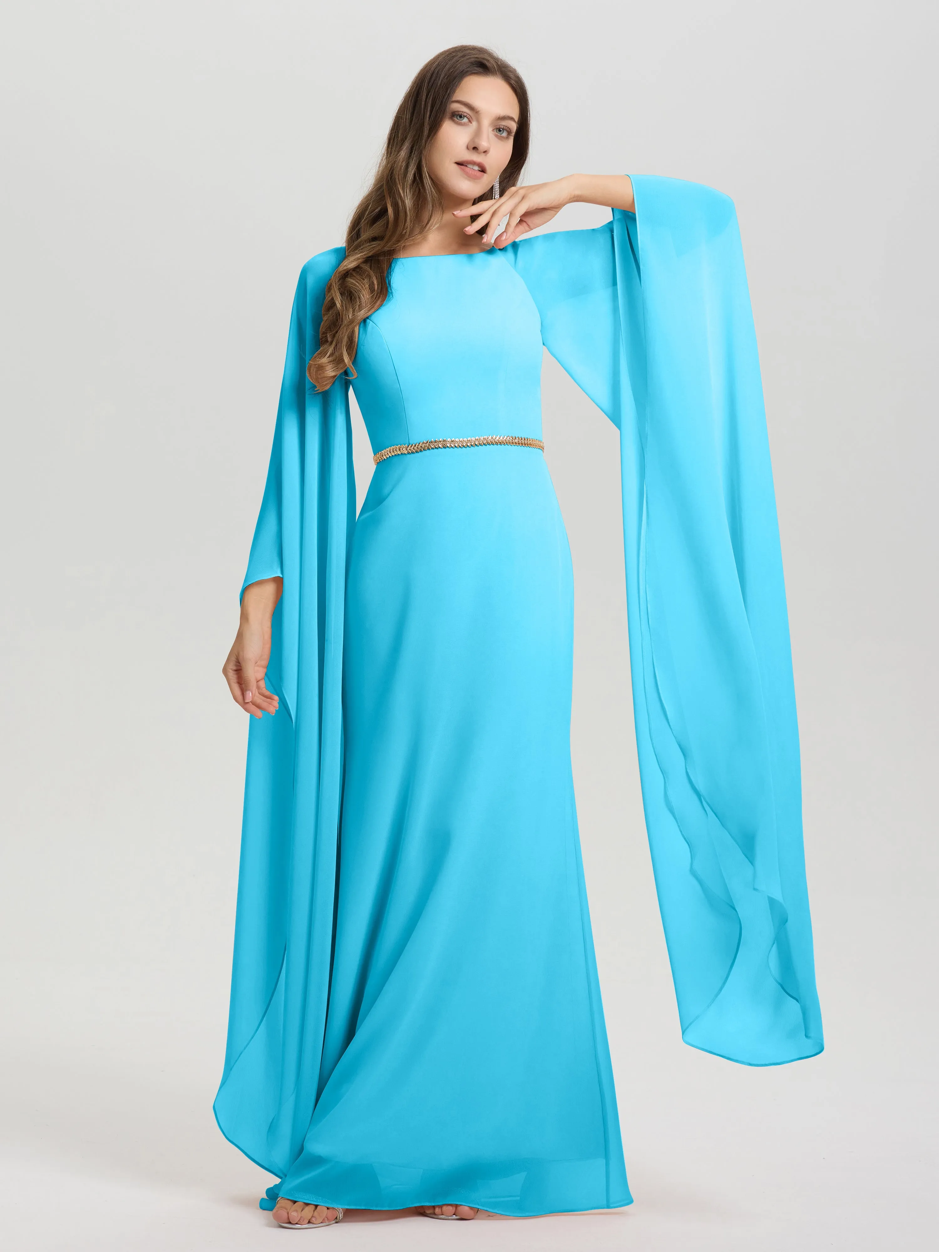 Jewel Floor Length Long Sleeves Chiffon Bridesmaid Dresses With Belt