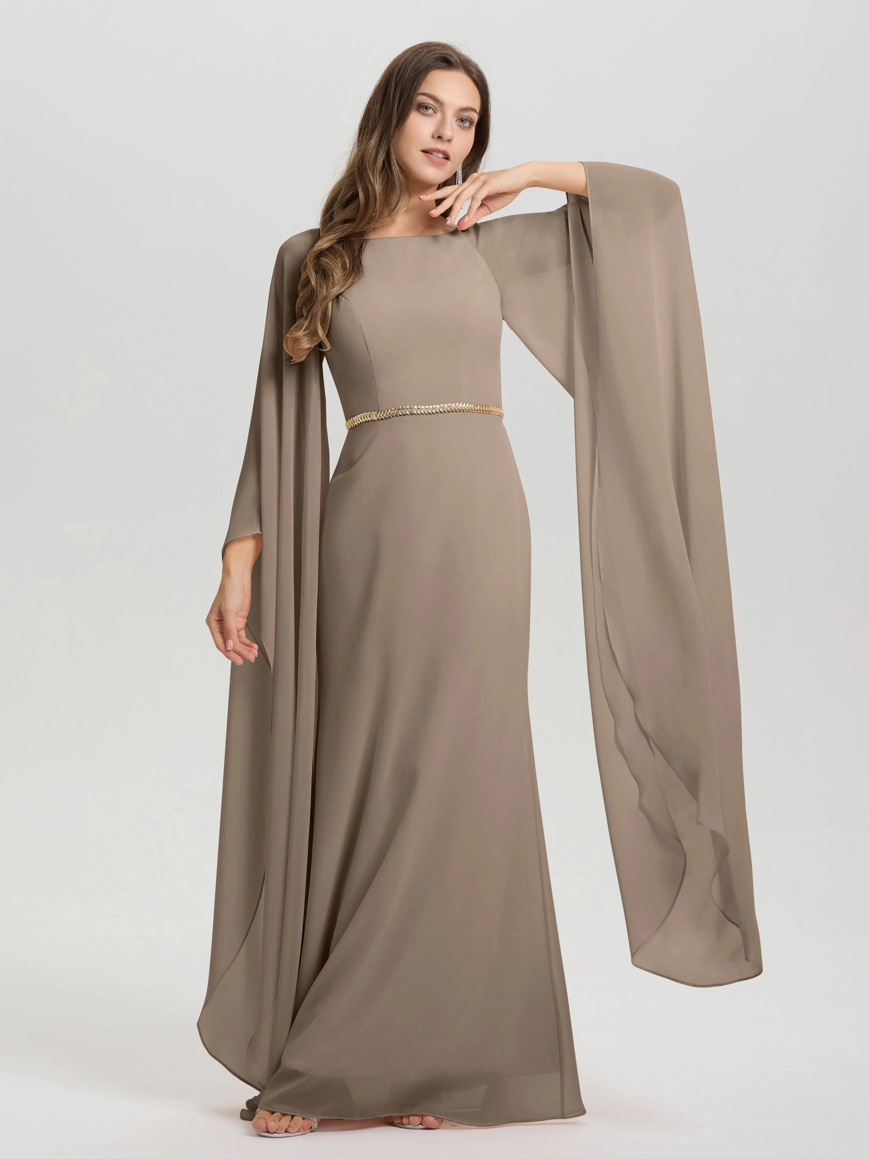 Jewel Floor Length Long Sleeves Chiffon Bridesmaid Dresses With Belt