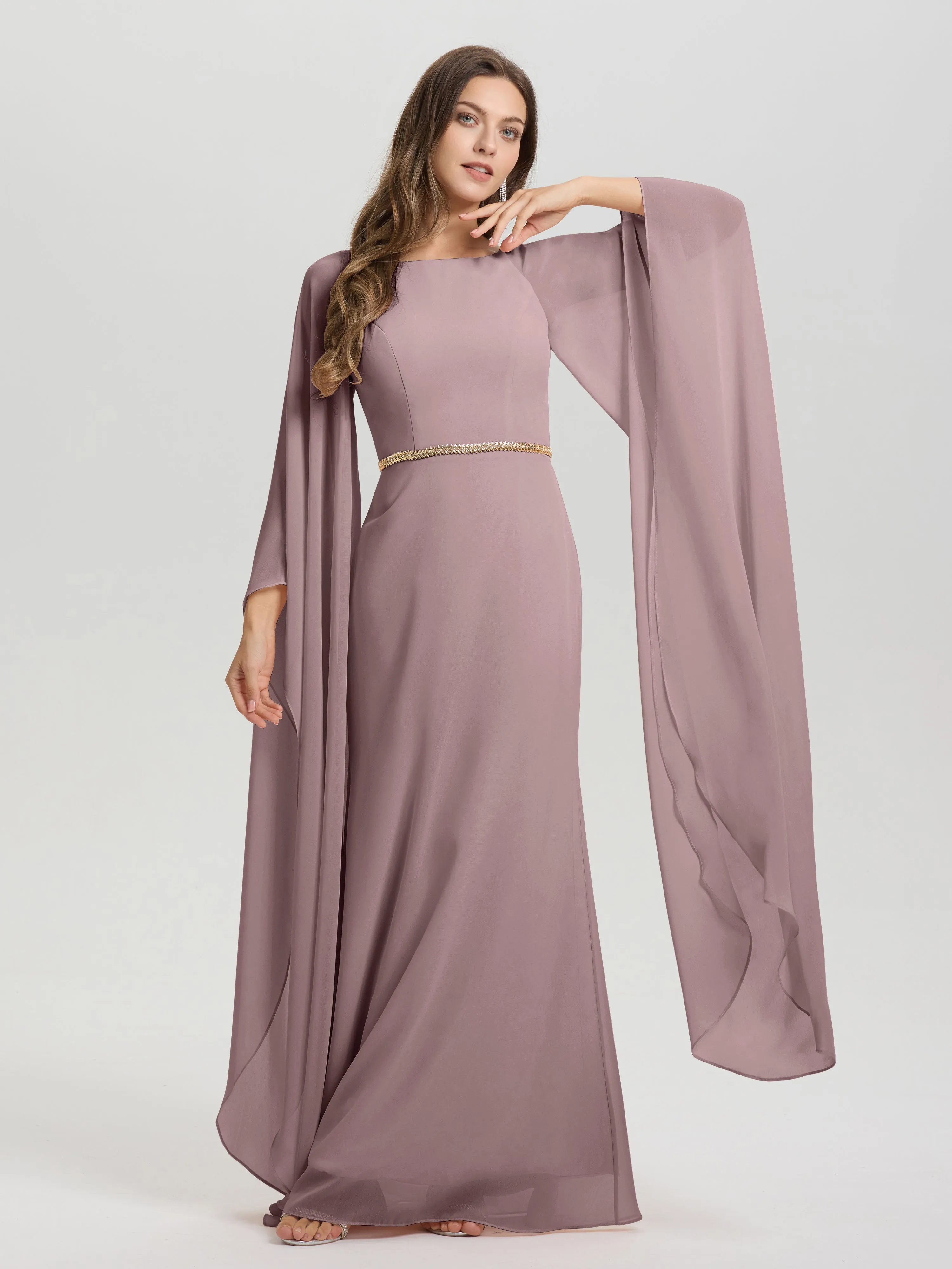 Jewel Floor Length Long Sleeves Chiffon Bridesmaid Dresses With Belt