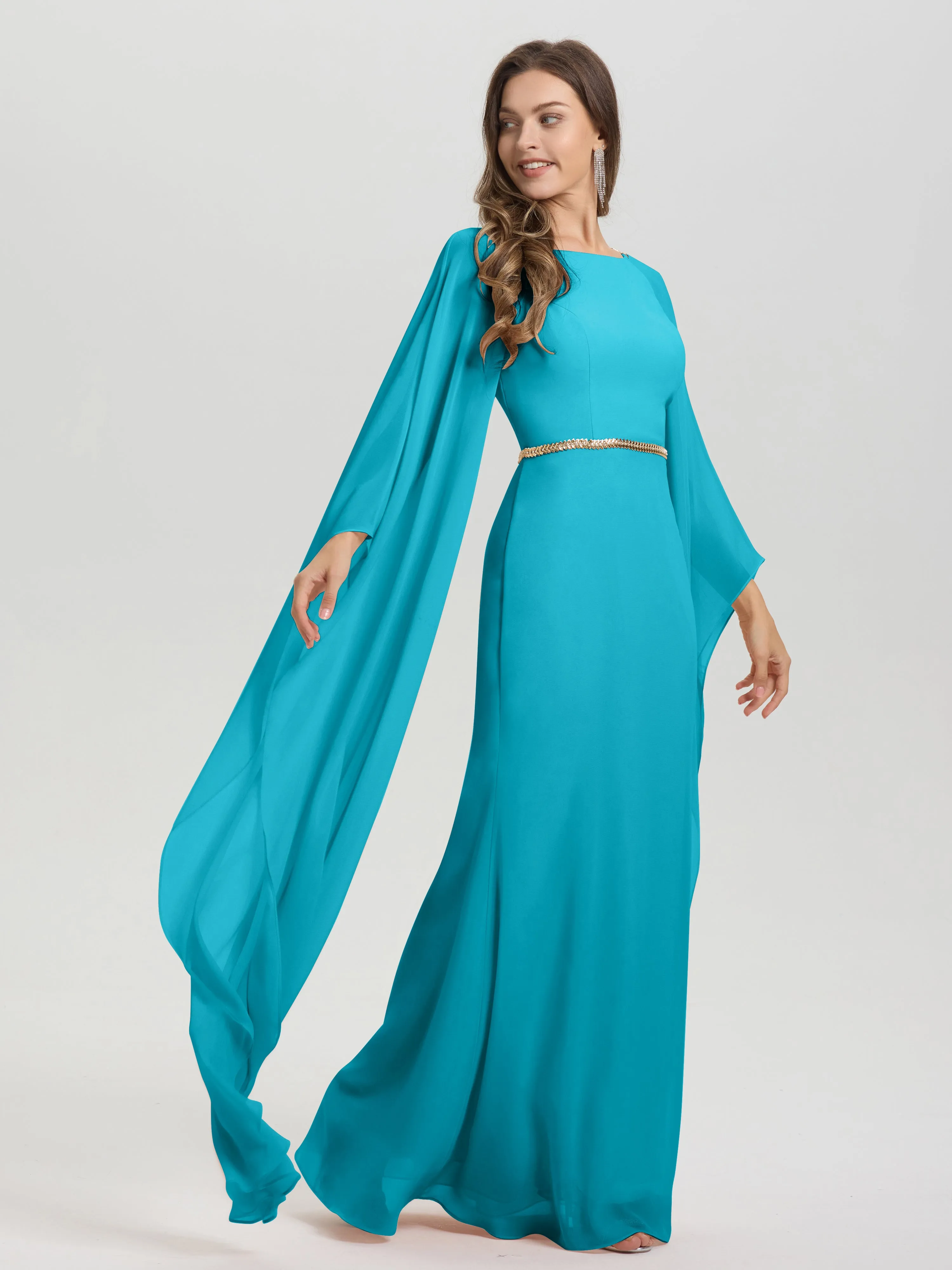 Jewel Floor Length Long Sleeves Chiffon Bridesmaid Dresses With Belt