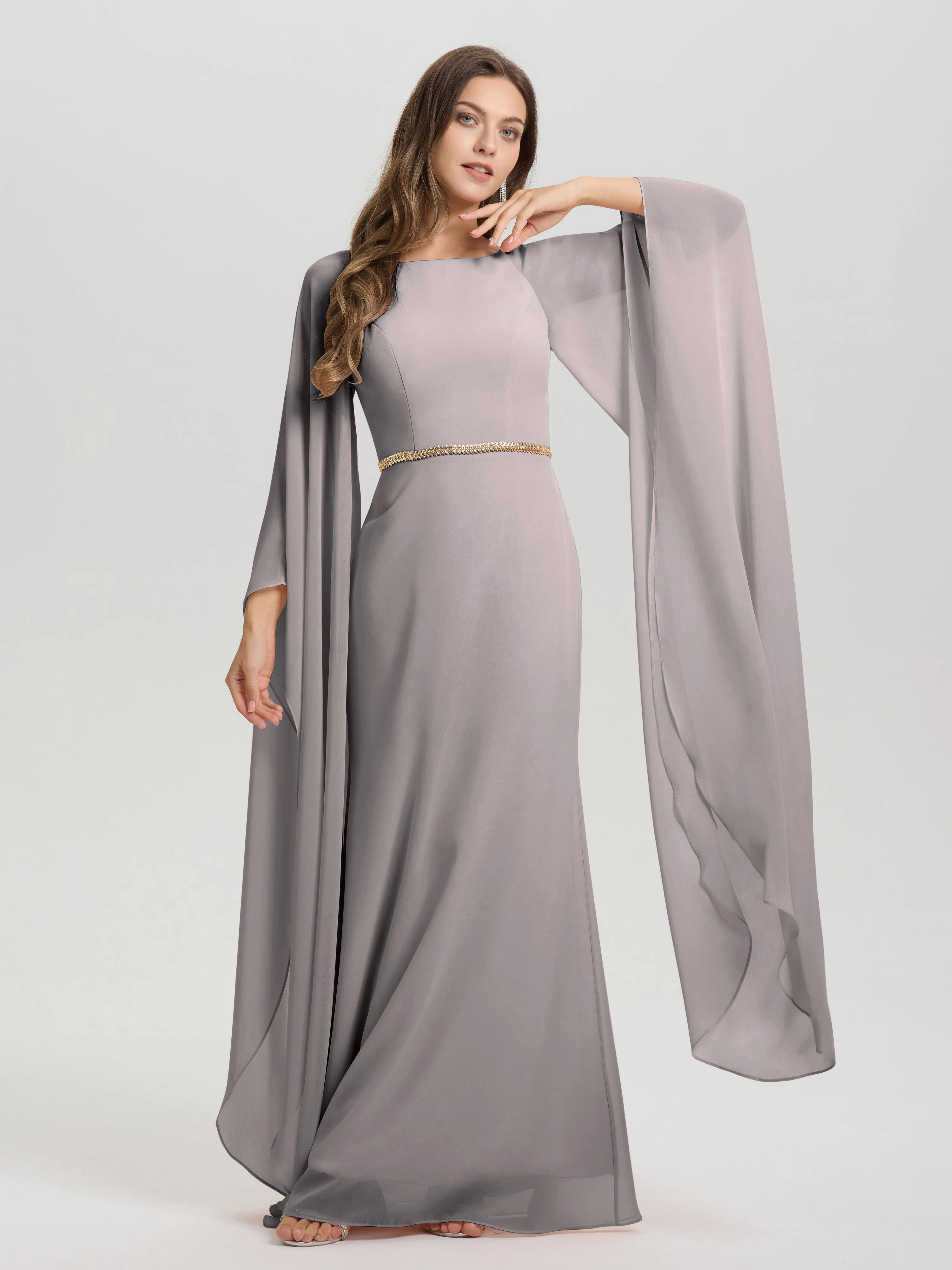 Jewel Floor Length Long Sleeves Chiffon Bridesmaid Dresses With Belt