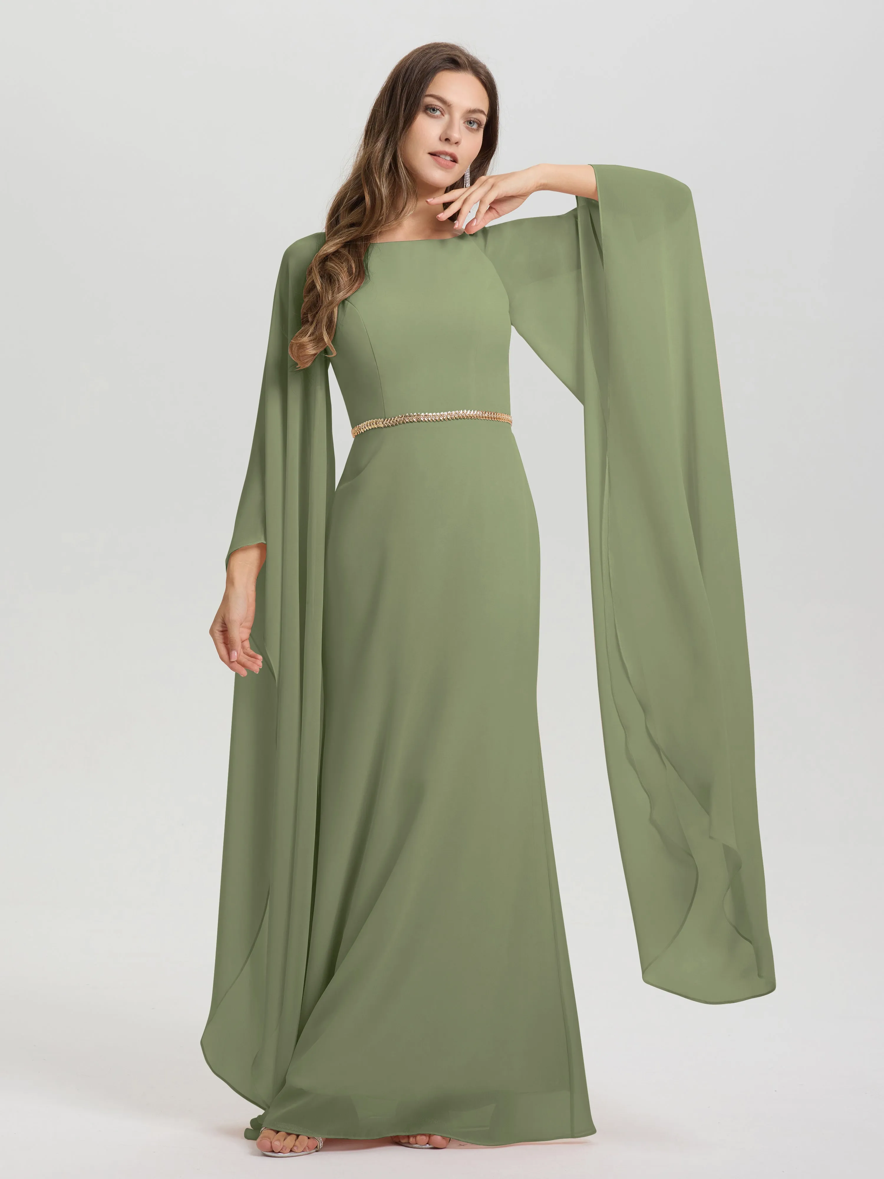 Jewel Floor Length Long Sleeves Chiffon Bridesmaid Dresses With Belt