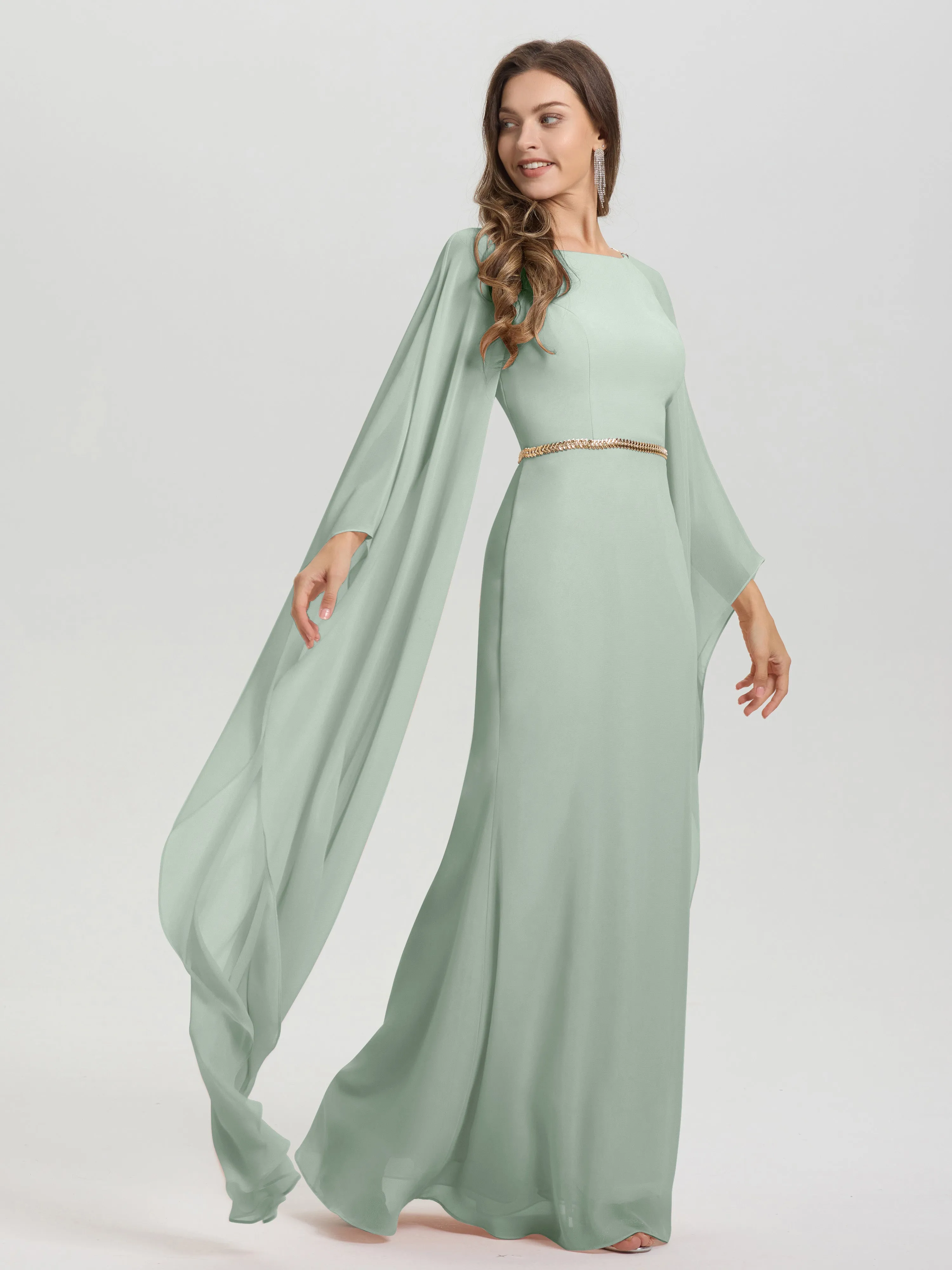 Jewel Floor Length Long Sleeves Chiffon Bridesmaid Dresses With Belt