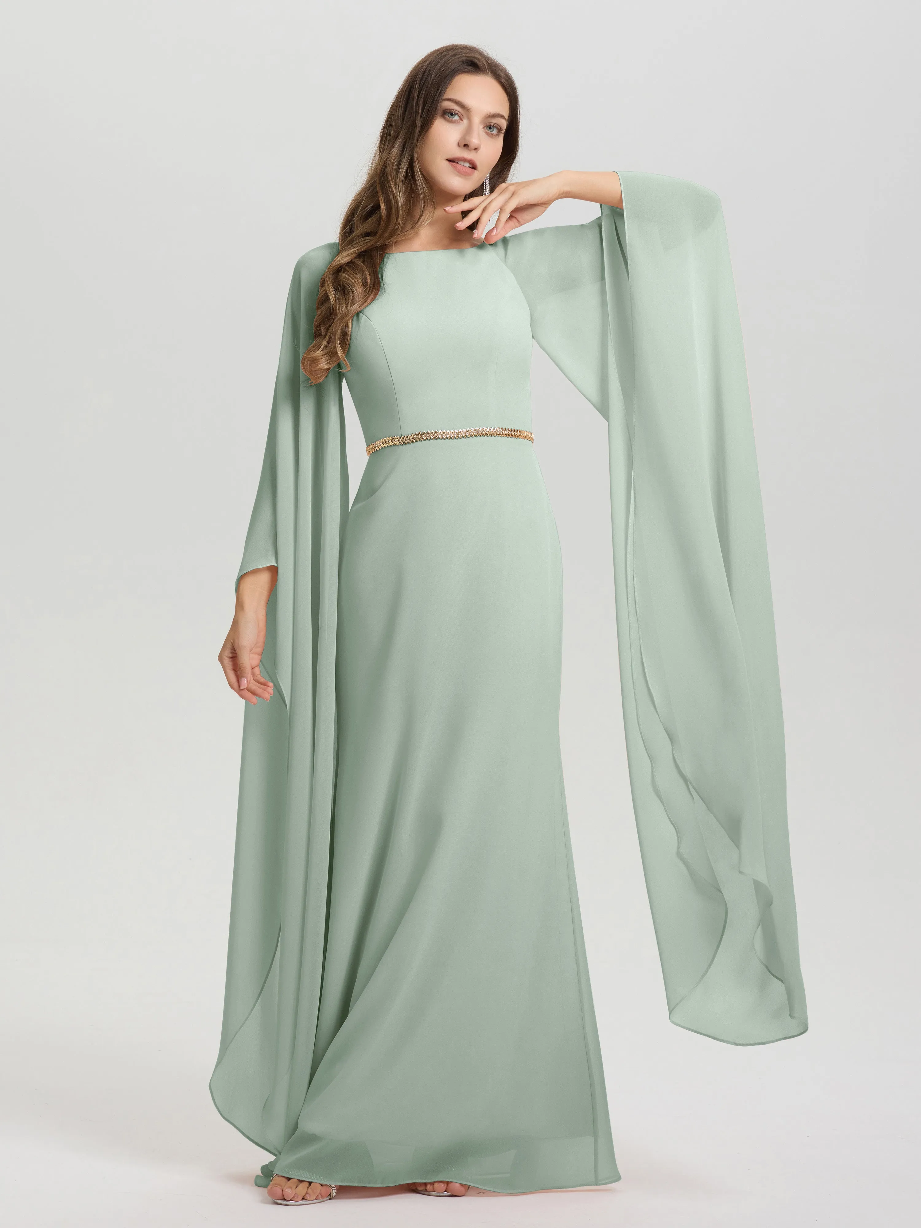 Jewel Floor Length Long Sleeves Chiffon Bridesmaid Dresses With Belt