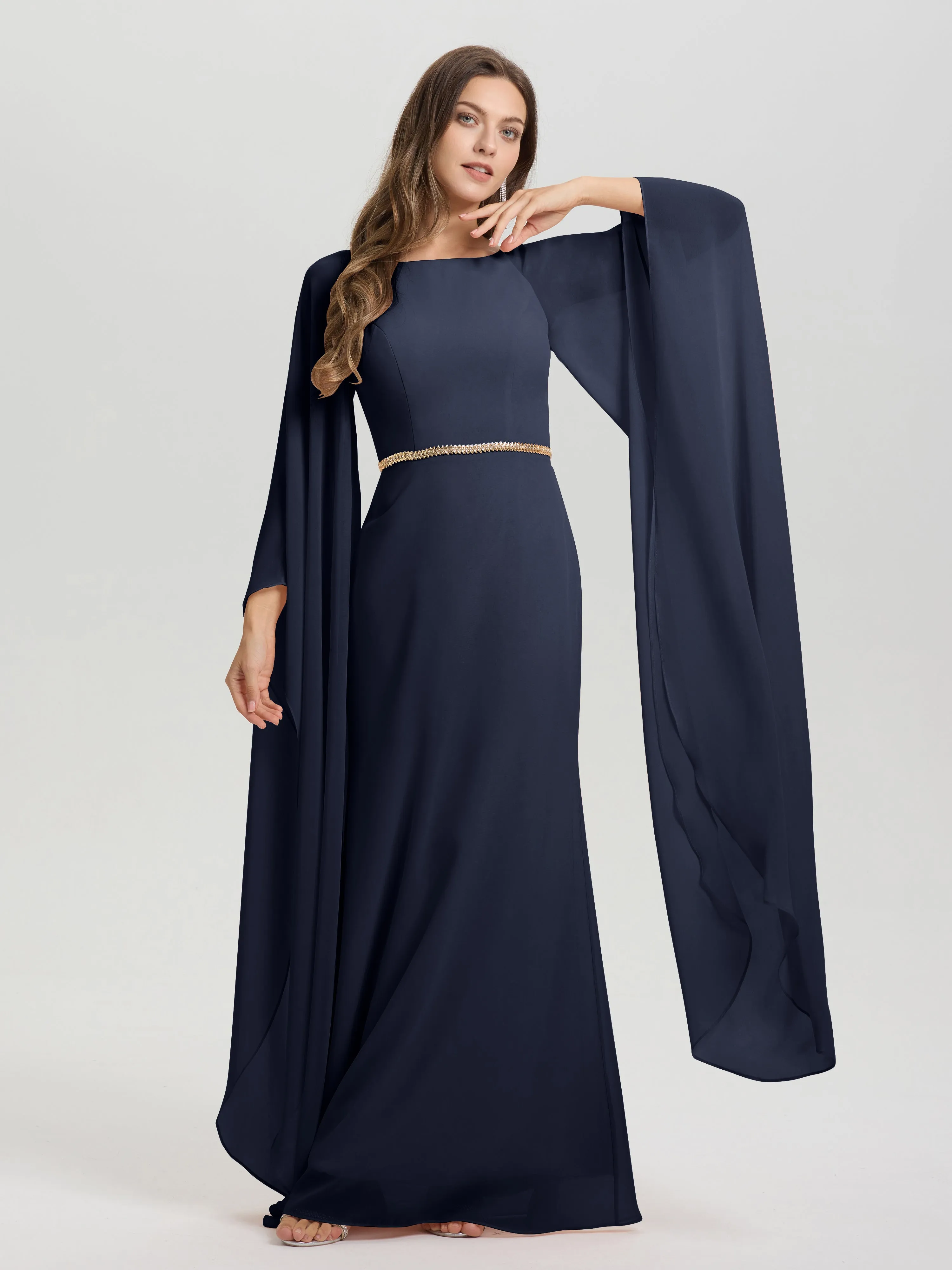 Jewel Floor Length Long Sleeves Chiffon Bridesmaid Dresses With Belt