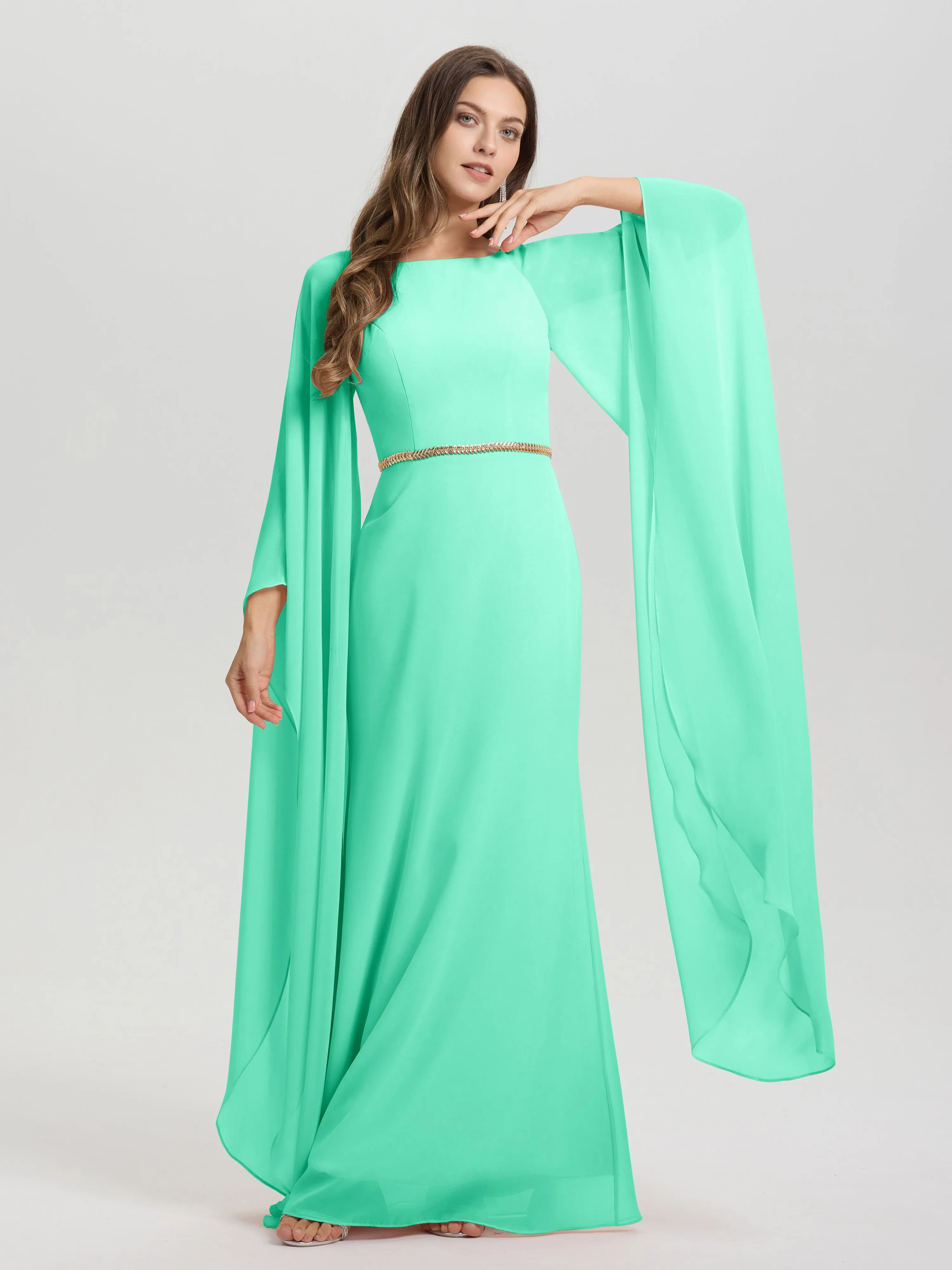 Jewel Floor Length Long Sleeves Chiffon Bridesmaid Dresses With Belt