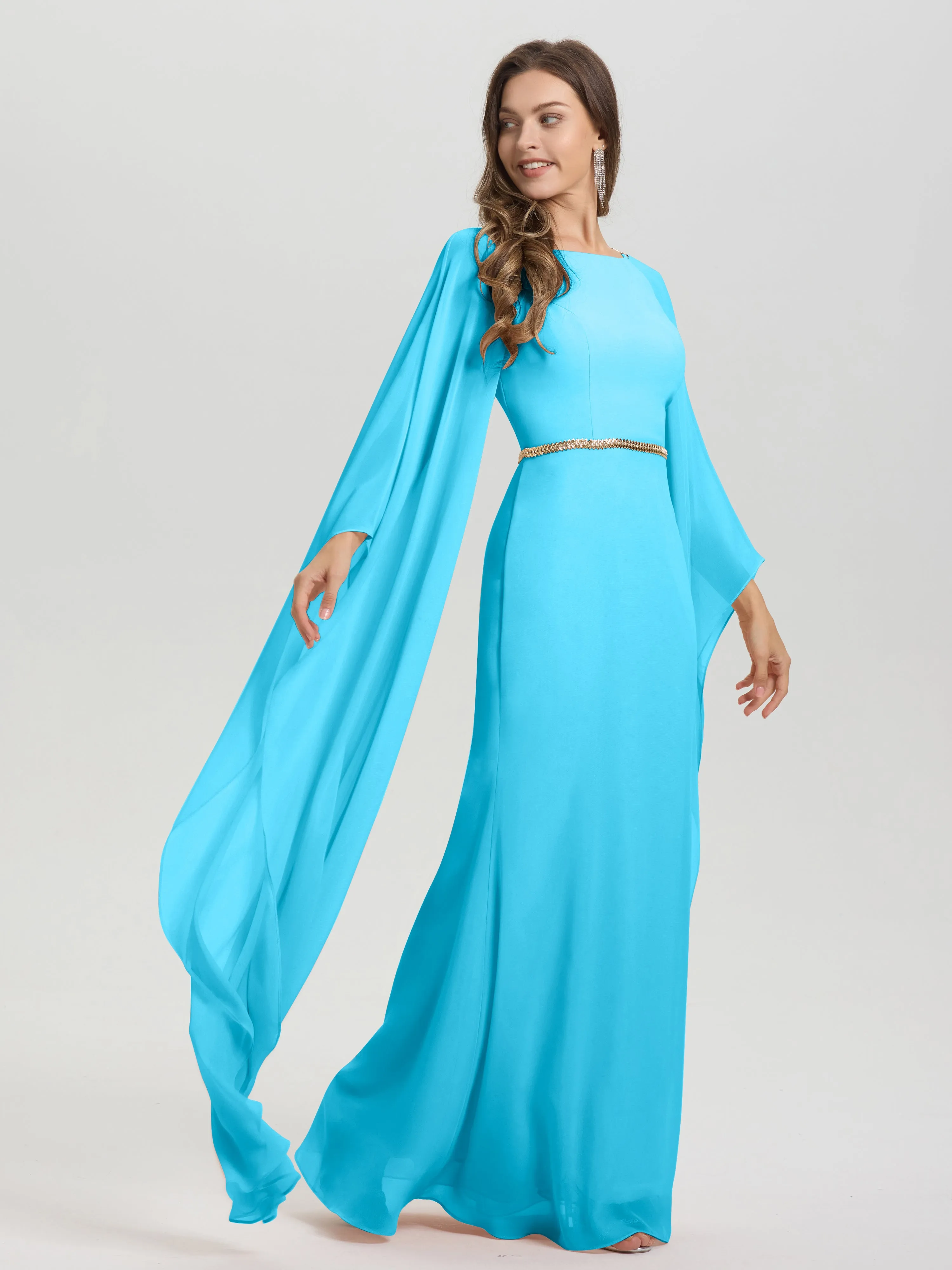 Jewel Floor Length Long Sleeves Chiffon Bridesmaid Dresses With Belt