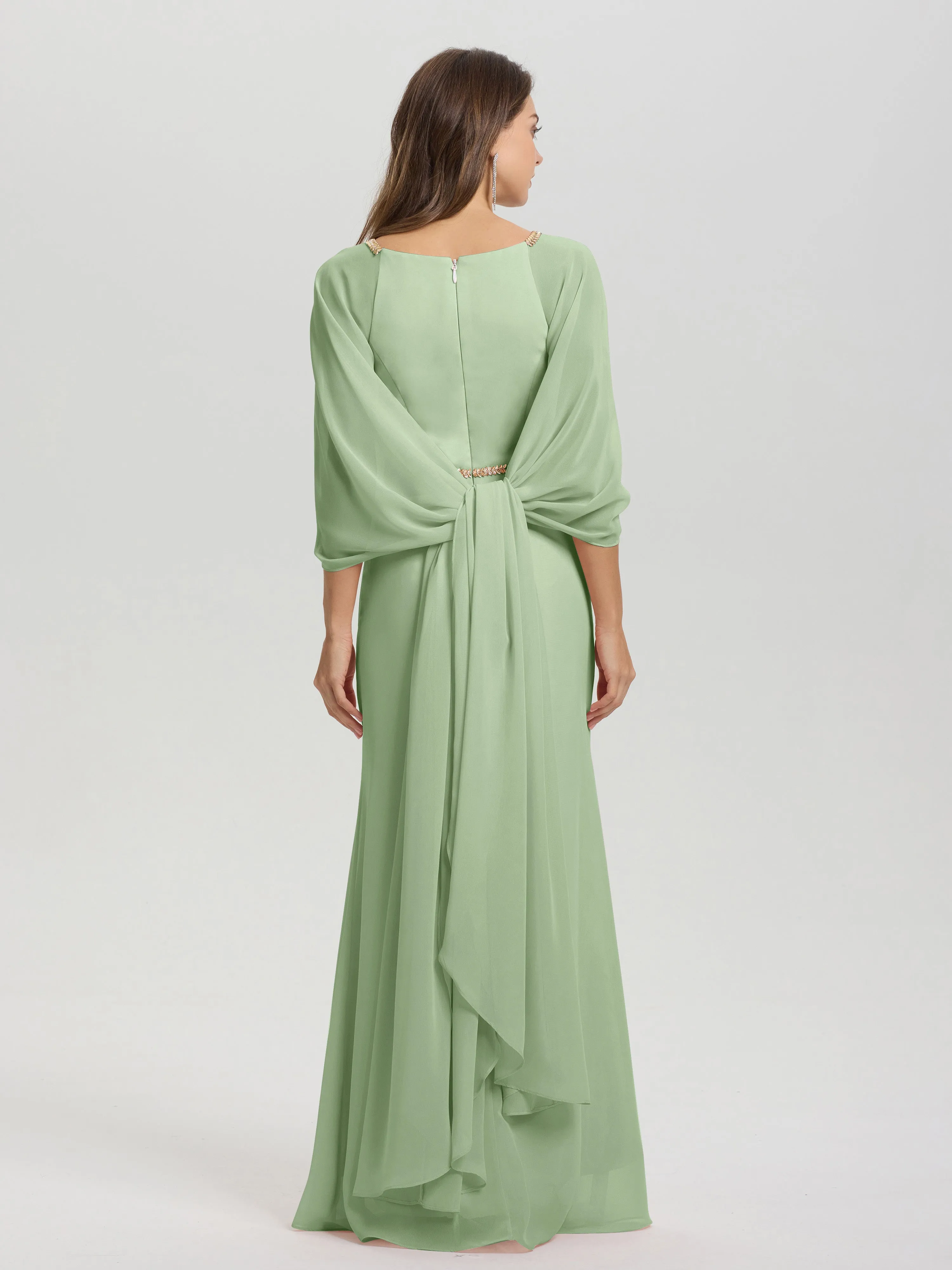 Jewel Floor Length Long Sleeves Chiffon Bridesmaid Dresses With Belt