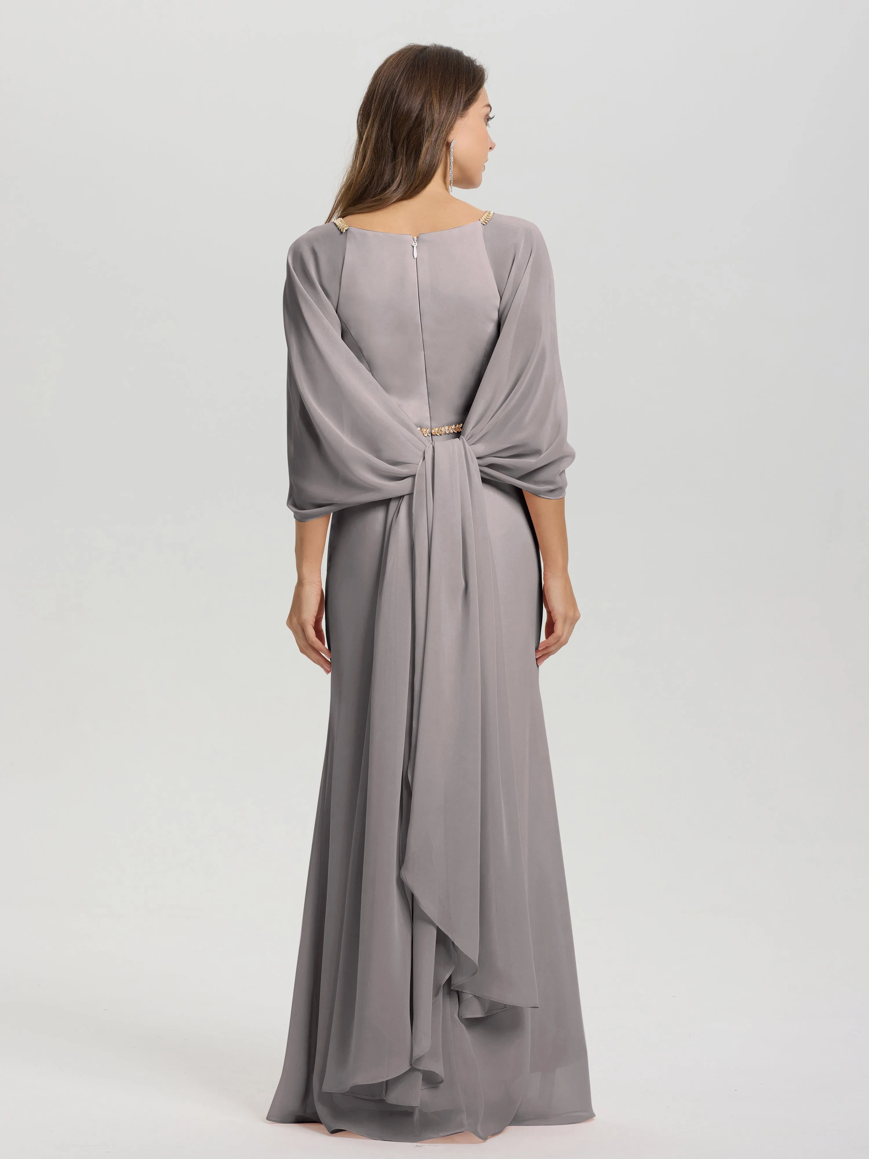 Jewel Floor Length Long Sleeves Chiffon Bridesmaid Dresses With Belt