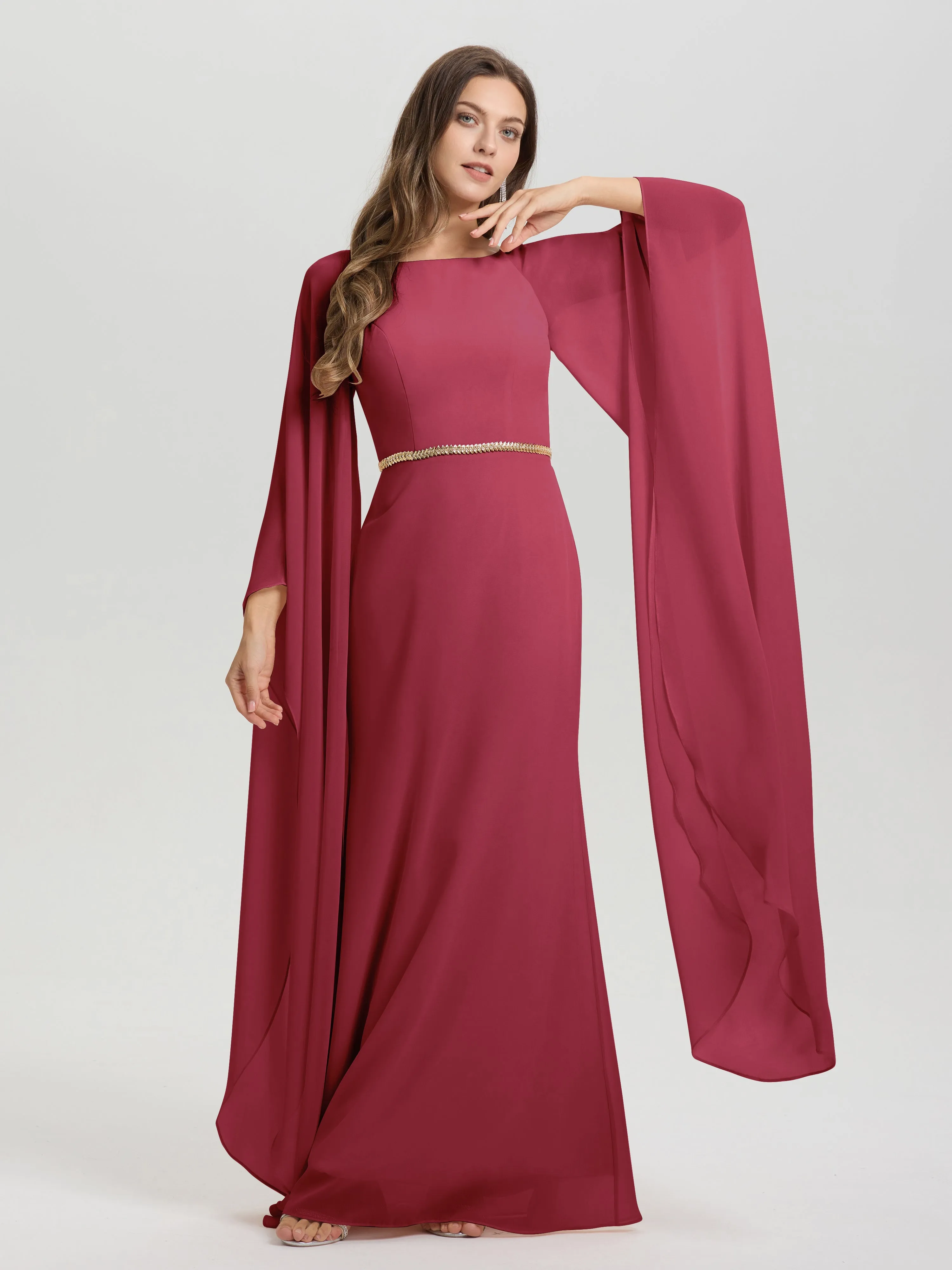 Jewel Floor Length Long Sleeves Chiffon Bridesmaid Dresses With Belt