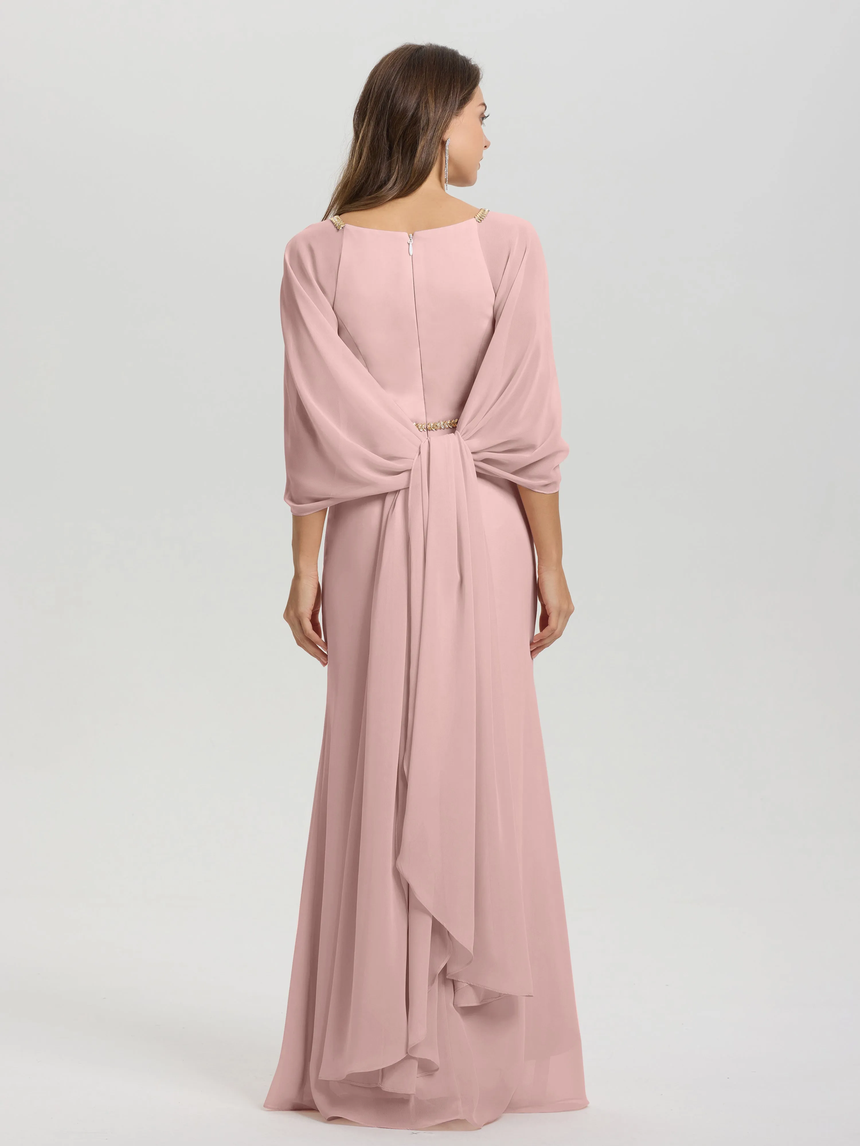 Jewel Floor Length Long Sleeves Chiffon Bridesmaid Dresses With Belt