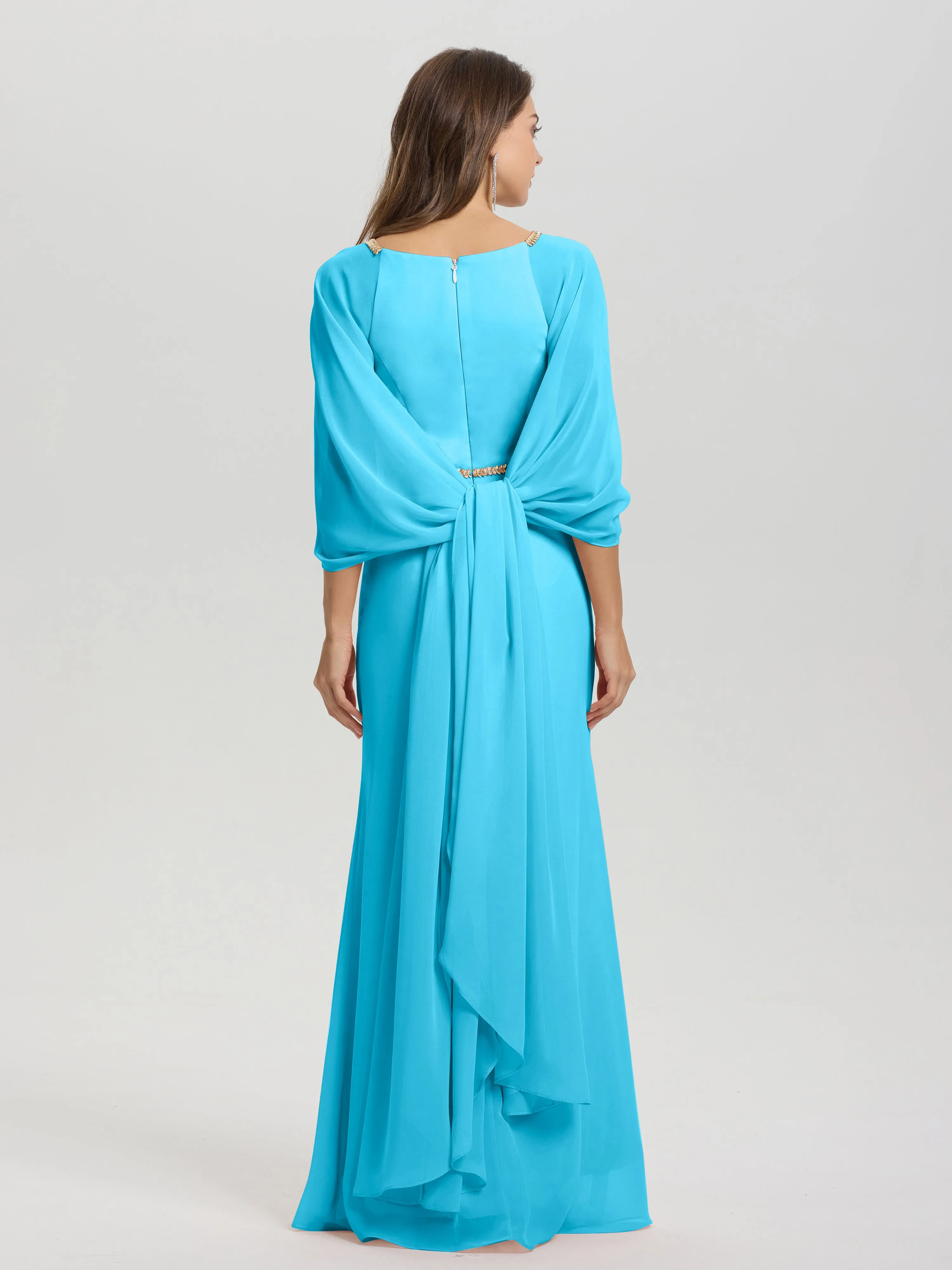 Jewel Floor Length Long Sleeves Chiffon Bridesmaid Dresses With Belt