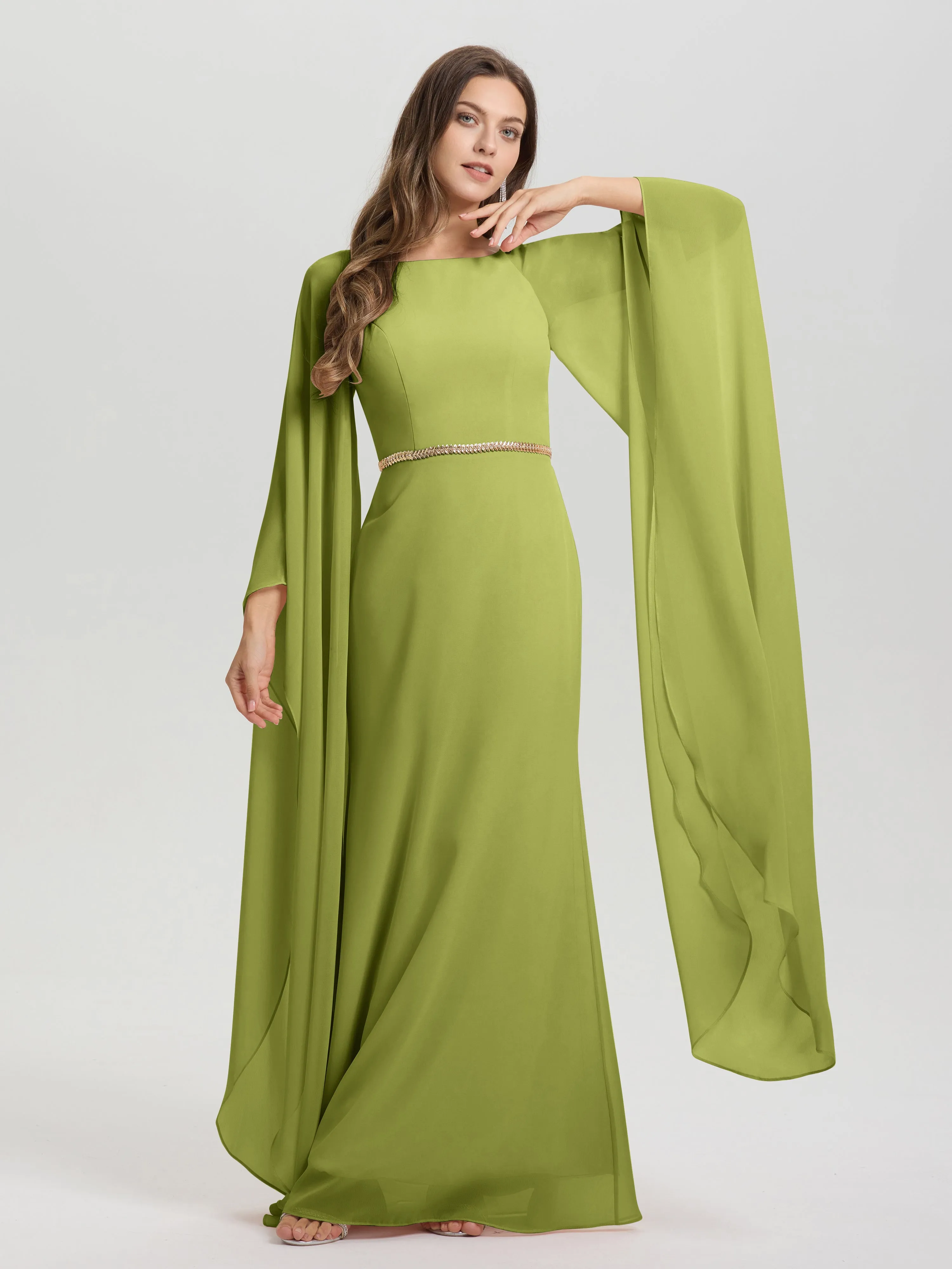 Jewel Floor Length Long Sleeves Chiffon Bridesmaid Dresses With Belt