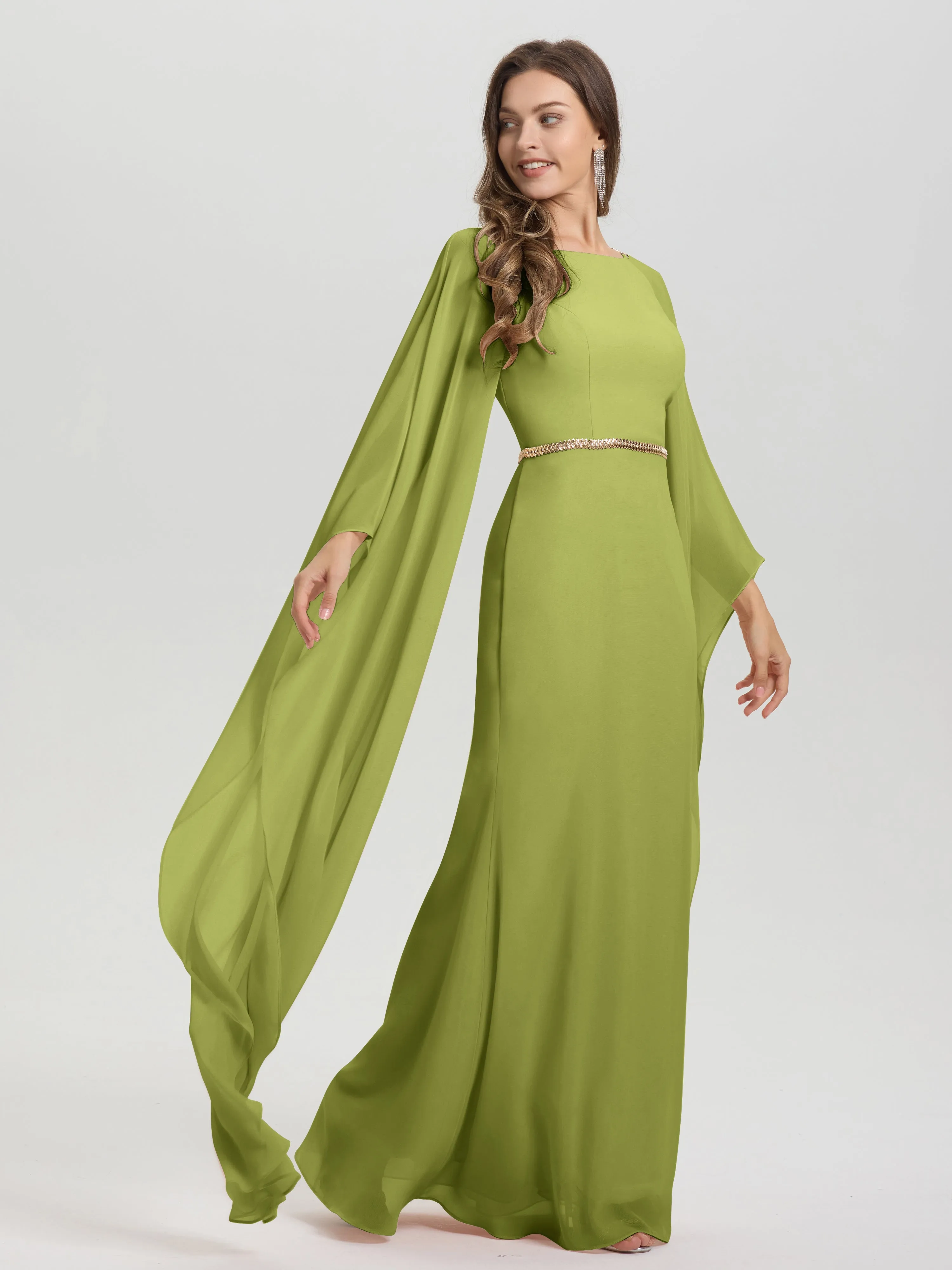 Jewel Floor Length Long Sleeves Chiffon Bridesmaid Dresses With Belt