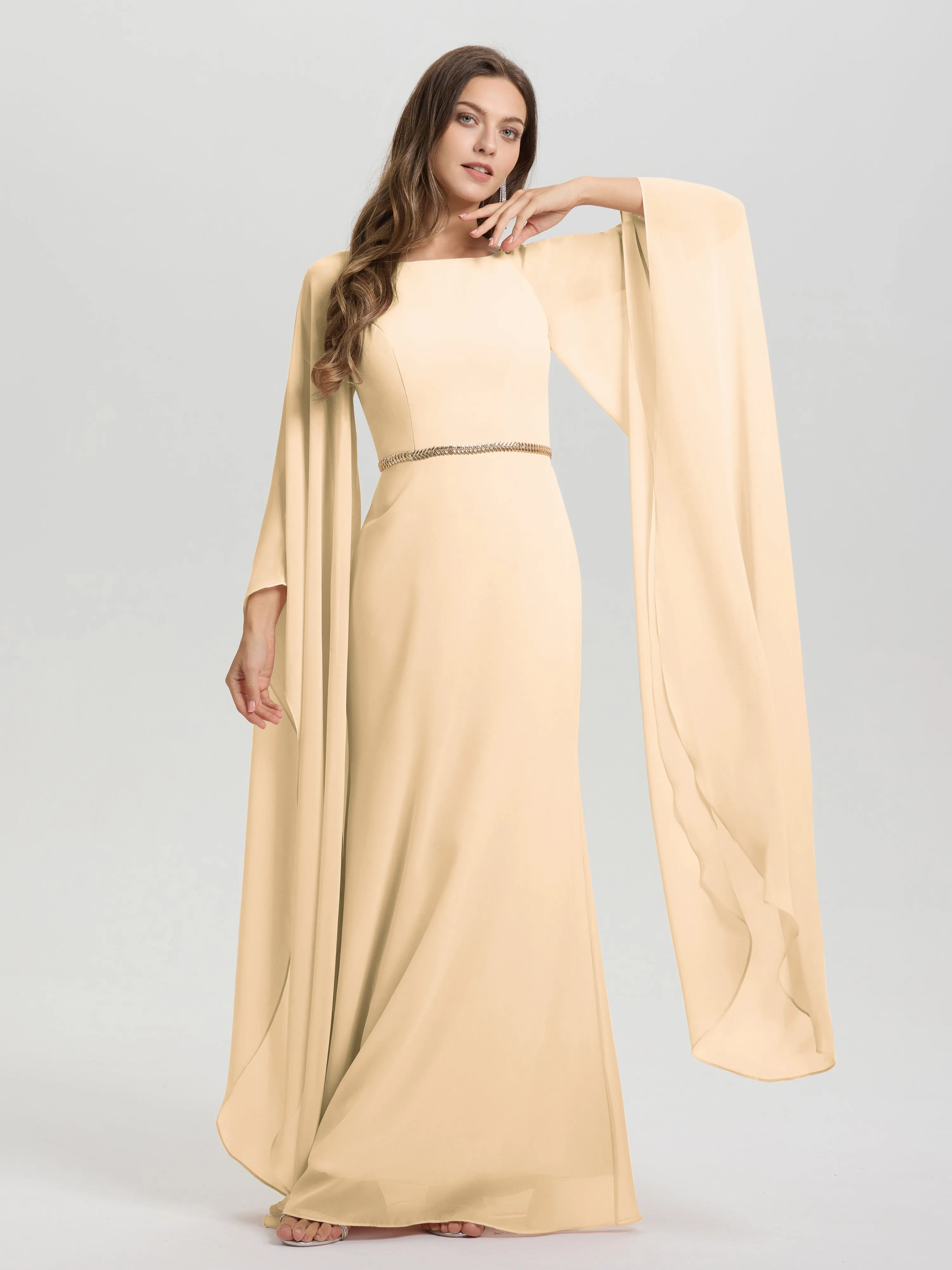 Jewel Floor Length Long Sleeves Chiffon Bridesmaid Dresses With Belt