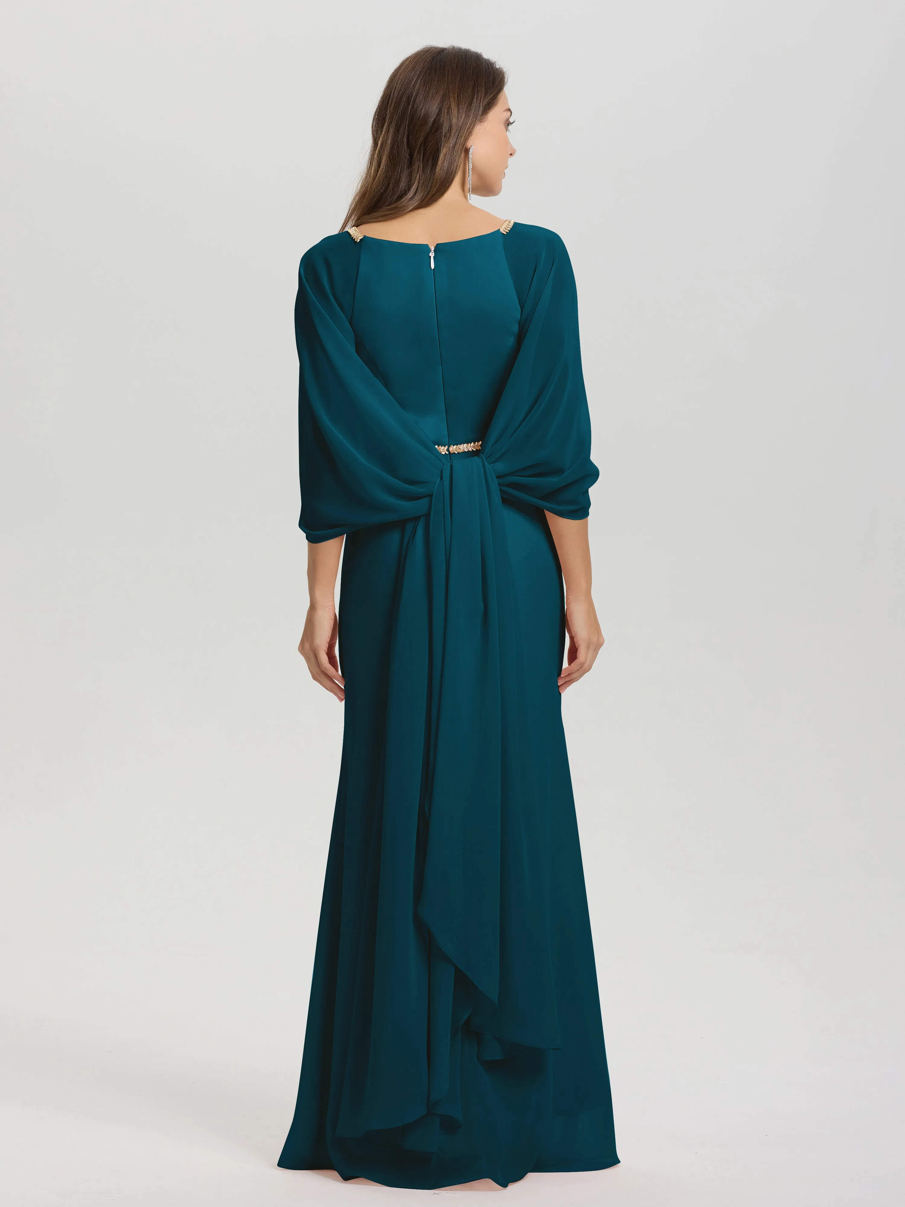 Jewel Floor Length Long Sleeves Chiffon Bridesmaid Dresses With Belt