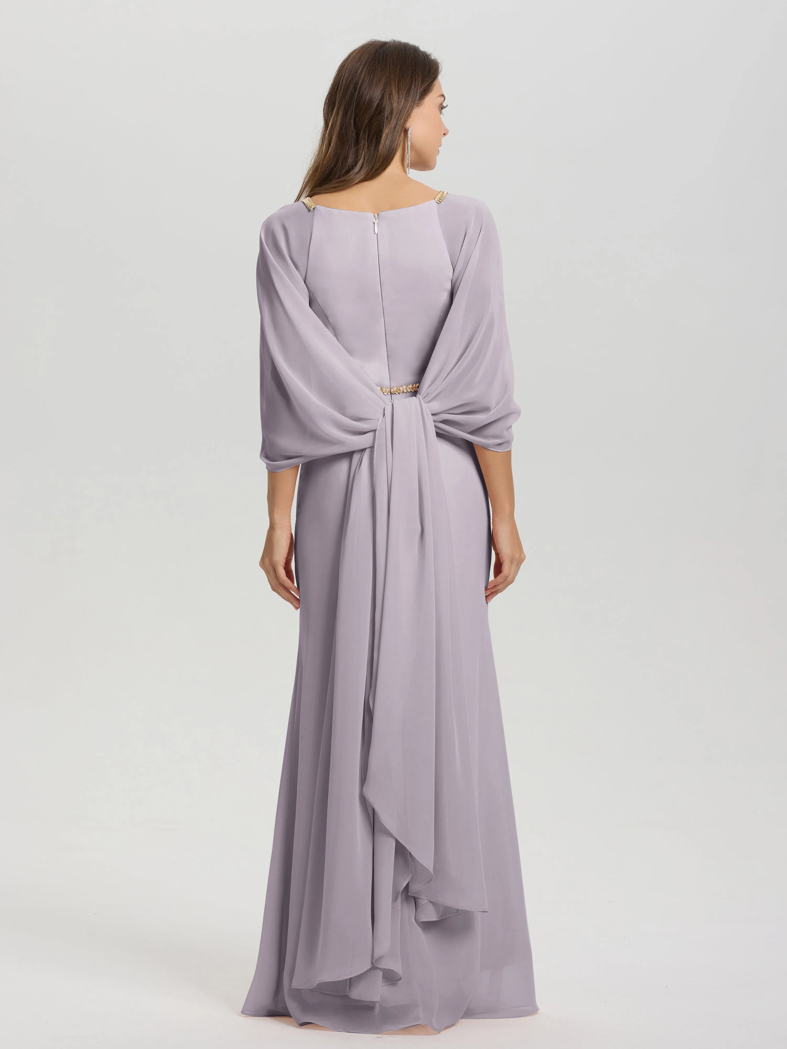 Jewel Floor Length Long Sleeves Chiffon Bridesmaid Dresses With Belt