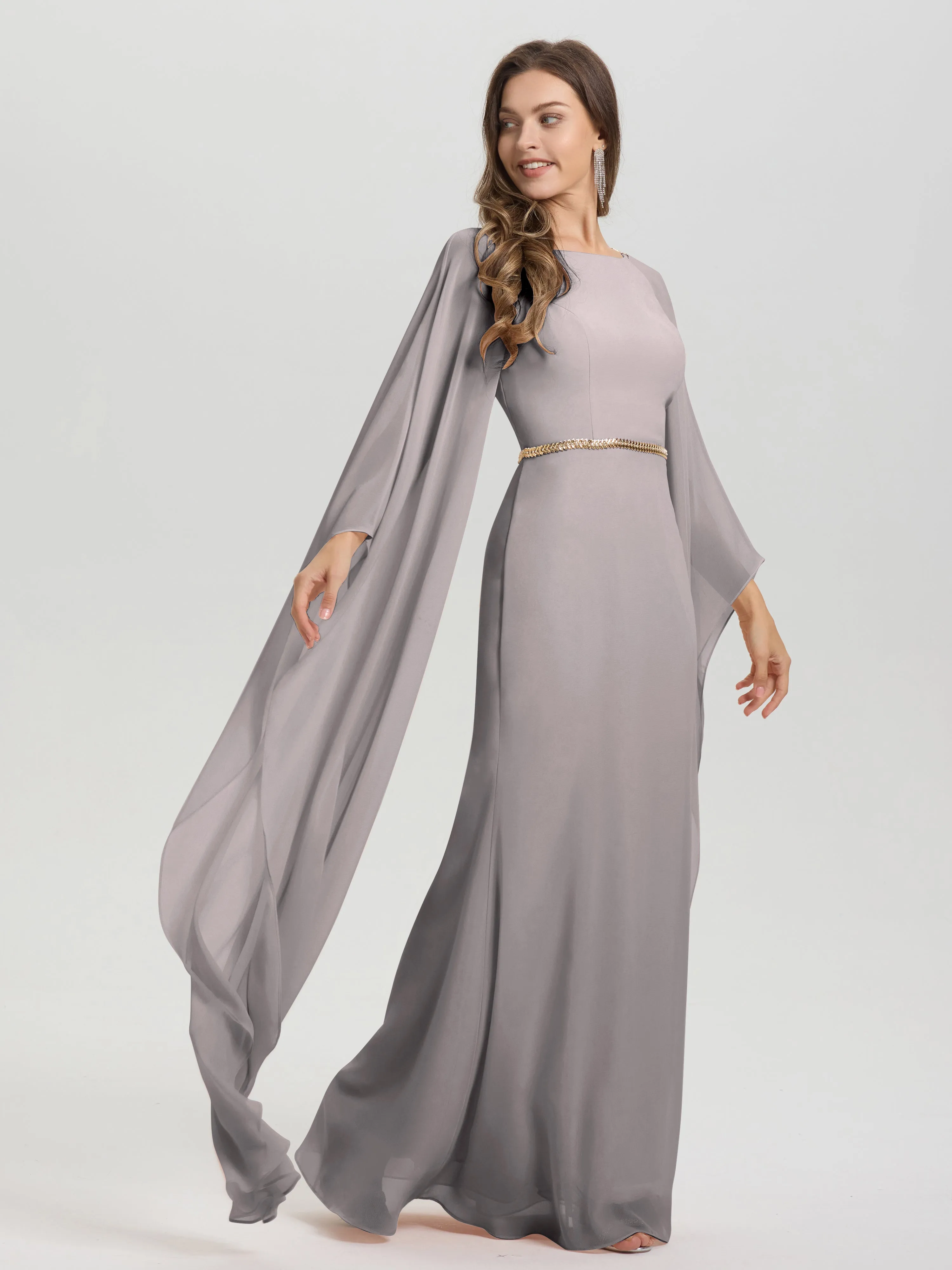 Jewel Floor Length Long Sleeves Chiffon Bridesmaid Dresses With Belt